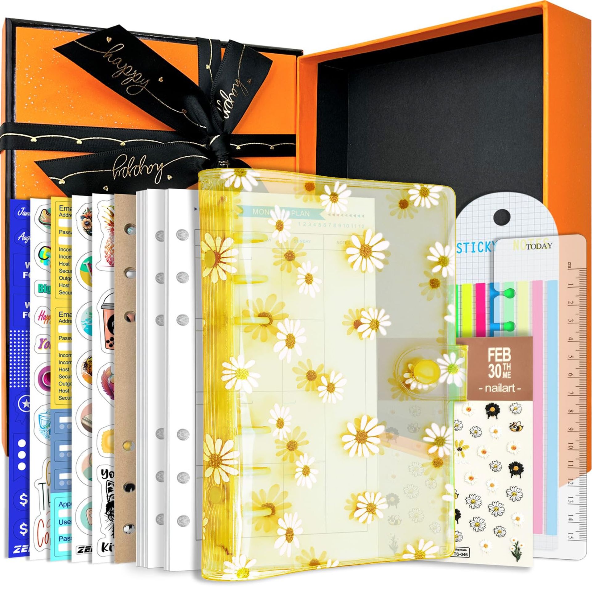 A6 6-Hole PVC Cover Ring Binder with Snap Button Closure and View Folder - Yellow Daisy A6 Gift Box - Student Essentials