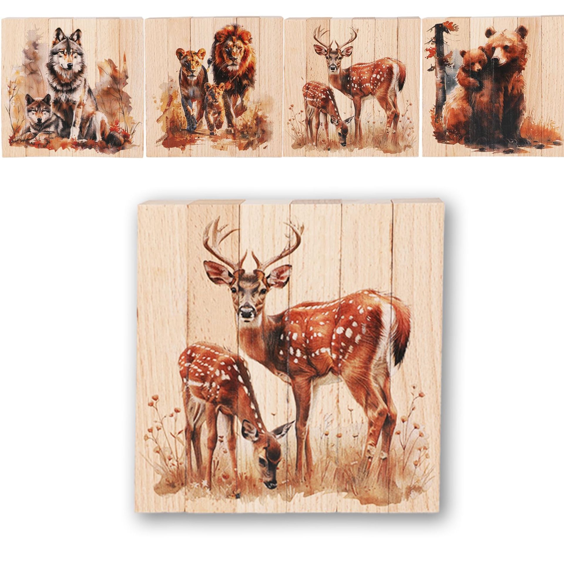 Wooden Animal Chunky Block Puzzles 4-in-1 Safari Jigsaw Educational Montessori Toy for Toddlers 3+ Years - Multicolour Safari Set - Spring Refresh