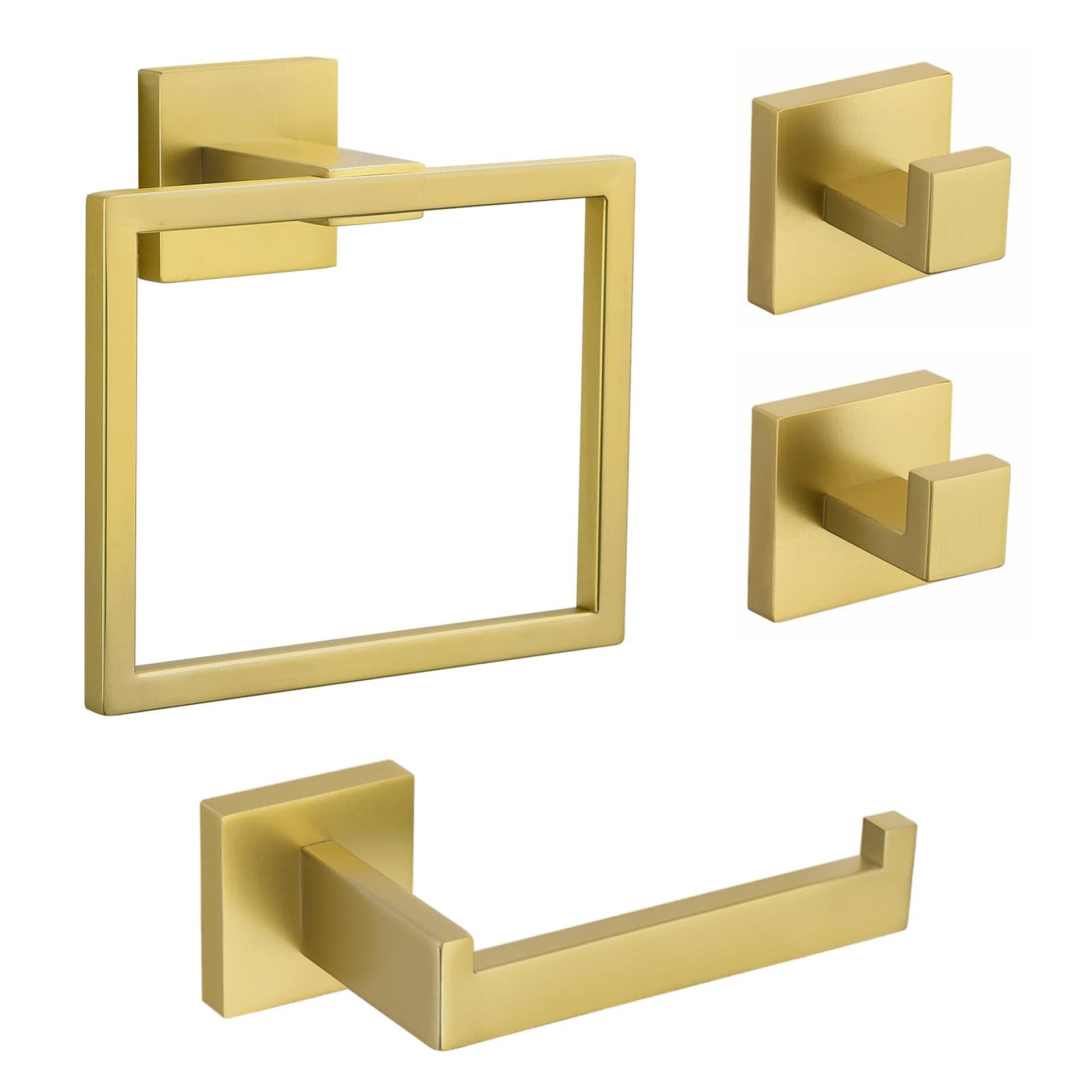 Bathroom Accessories Set 4-Piece Stainless Steel Towel Rail Toilet Roll Holder Hooks Wall Mounted Contemporary Design - Brushed Gold