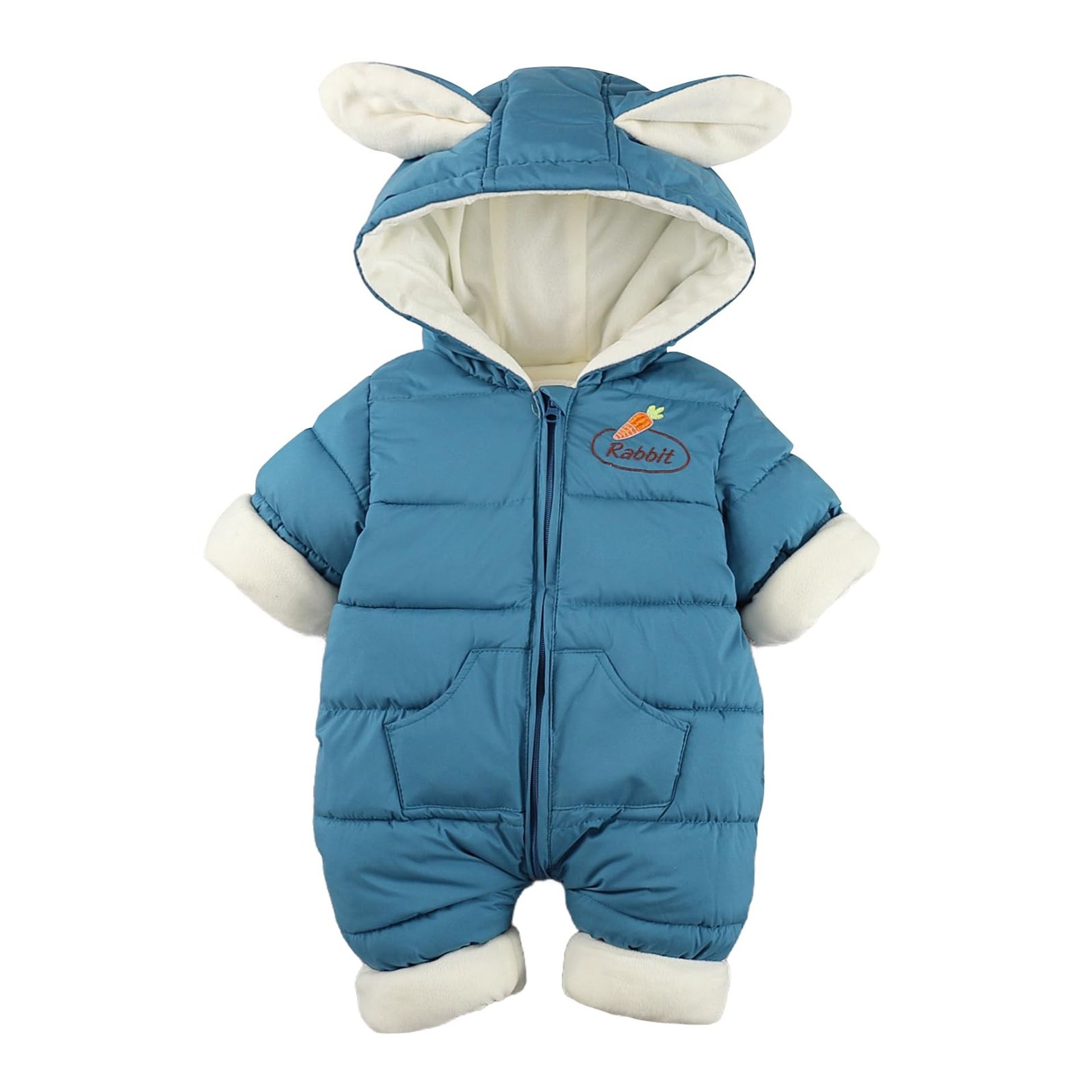 Baby Snowsuit Winter Romper Hooded Jumpsuit Warm Cotton Cartoon Rabbit Design 0-6 Months - Pink