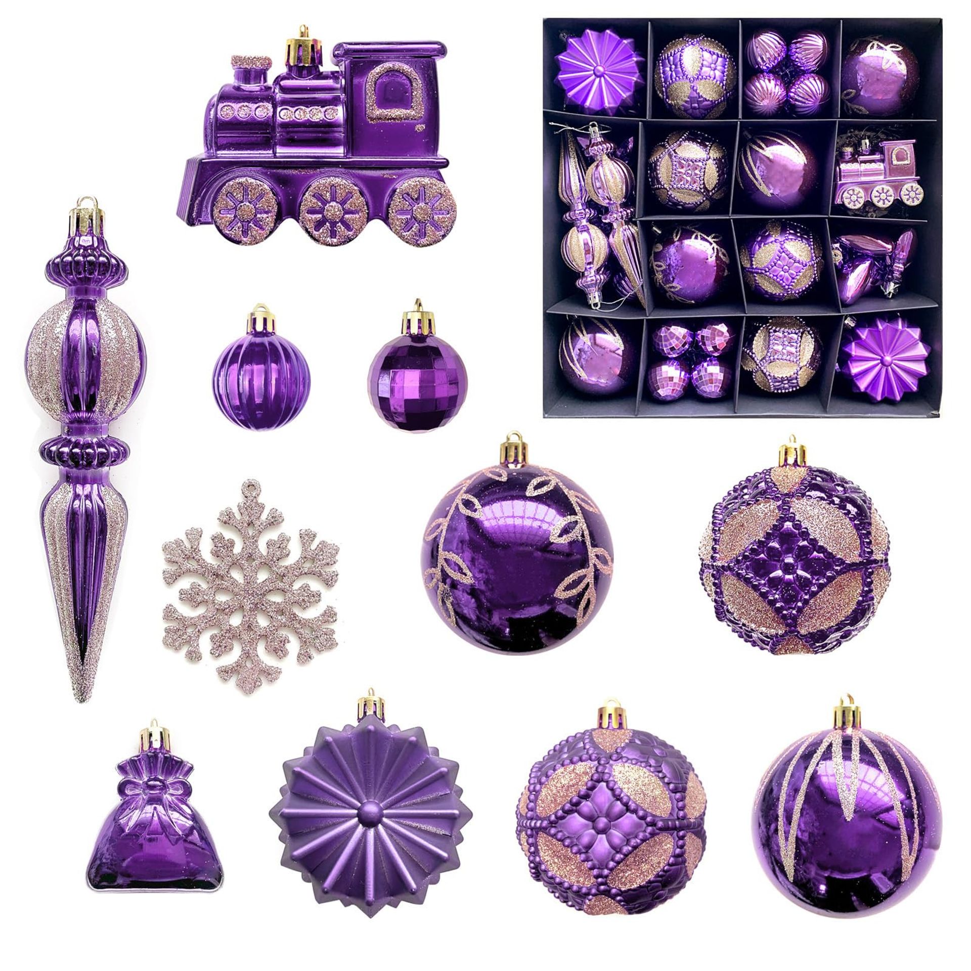 60-Piece Shatterproof Christmas Tree Baubles Set Plastic Ornaments for Festive & Party Decorations - Purple