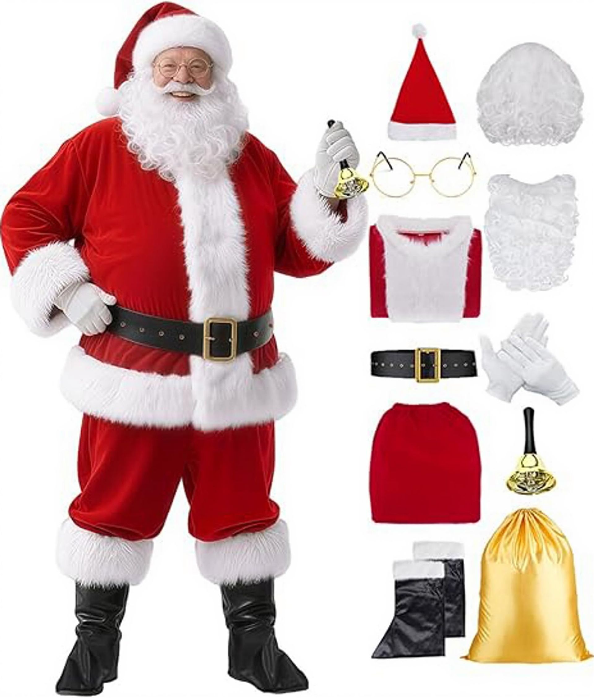 Men's Luxury Christmas Santa Costume 11-Piece Plush Suit with Accessories - Red XXL