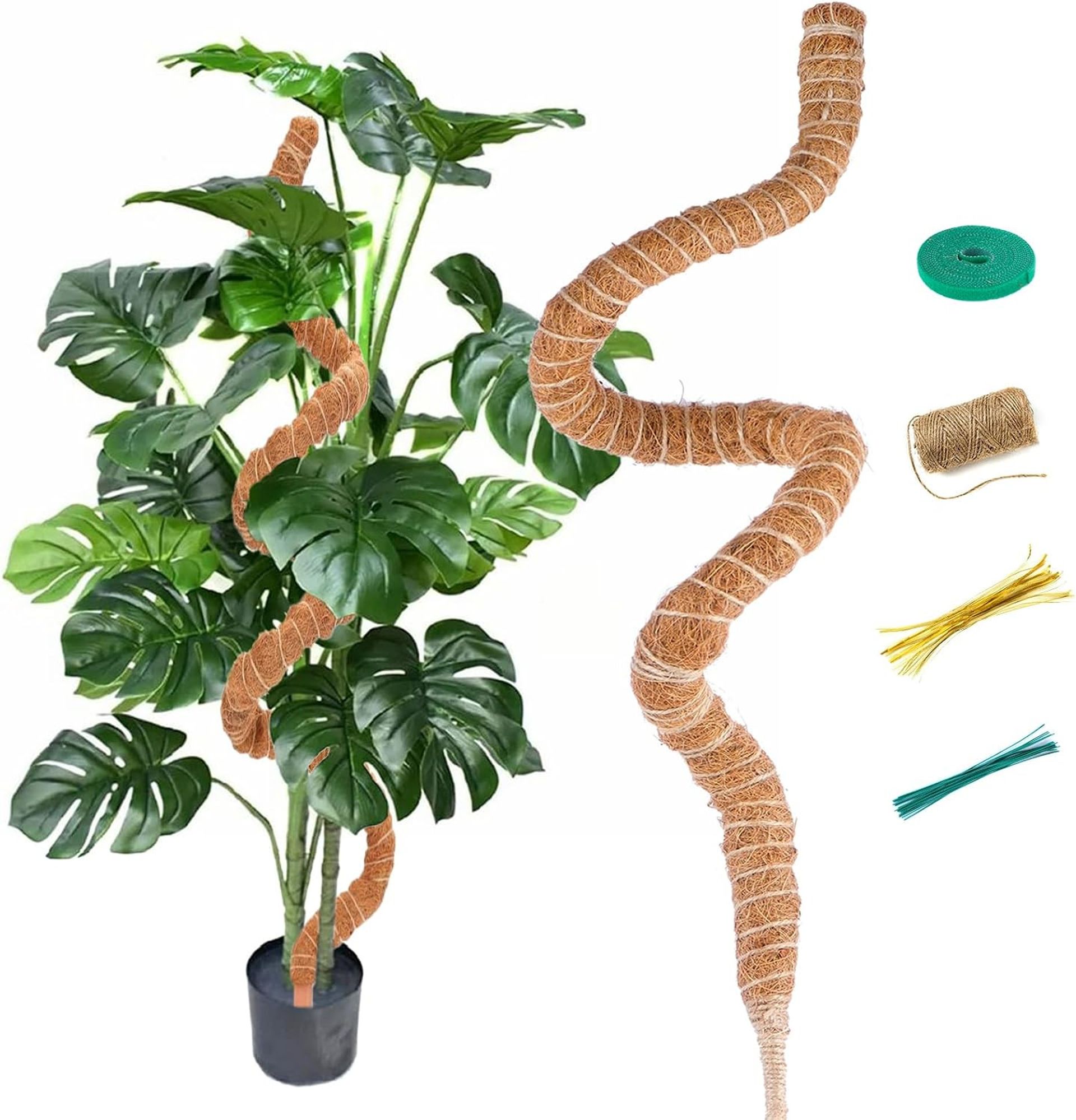 120cm Moss Pole for Monstera & Climbing Plants - Bendable Coco Coir Stick with Twist Ties & Plant Tape