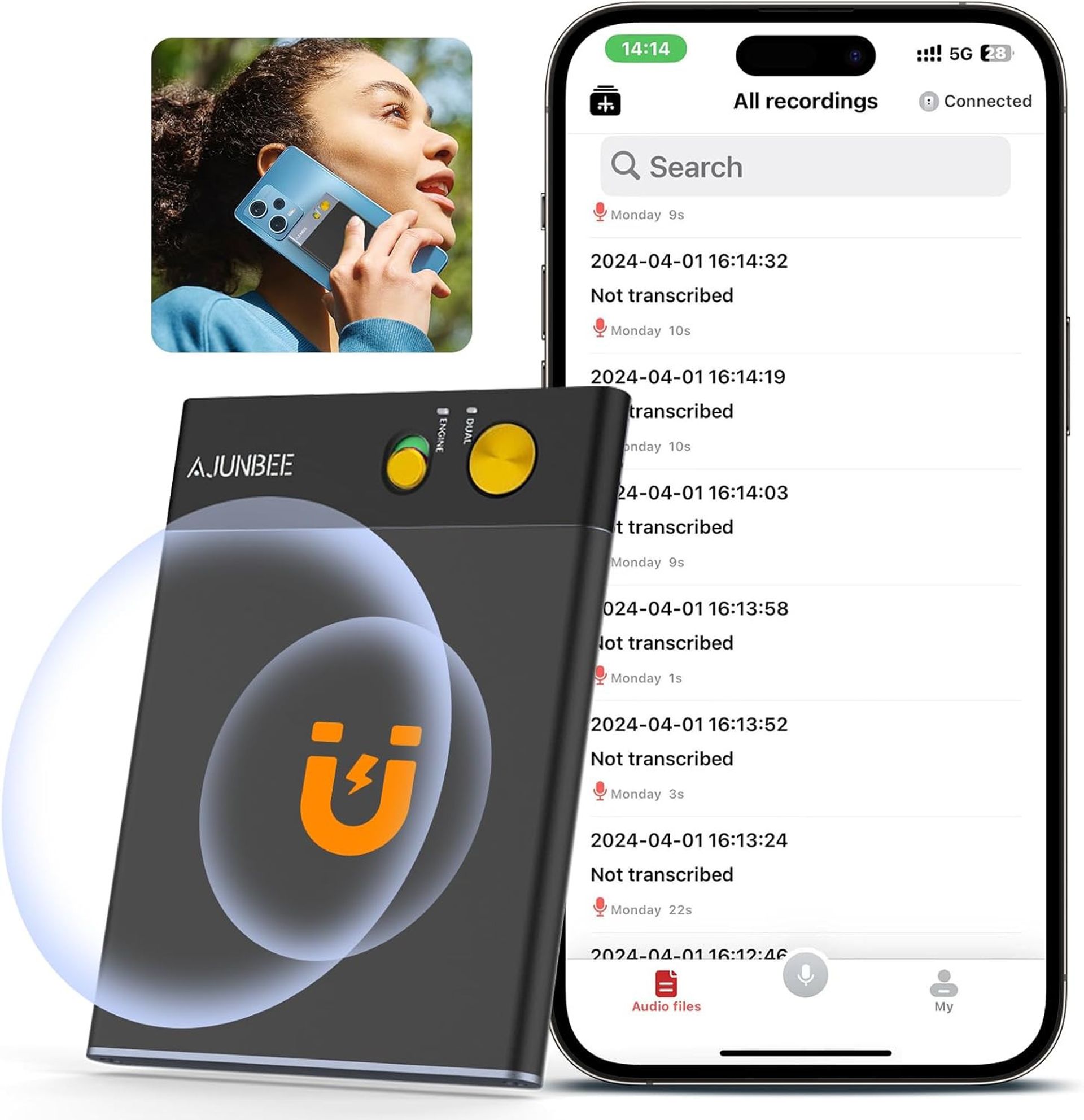 Digital Voice Recorder 64GB Bluetooth APP AI Noise Reduction 68 Languages Ultra-Slim Dictaphone - Black RM