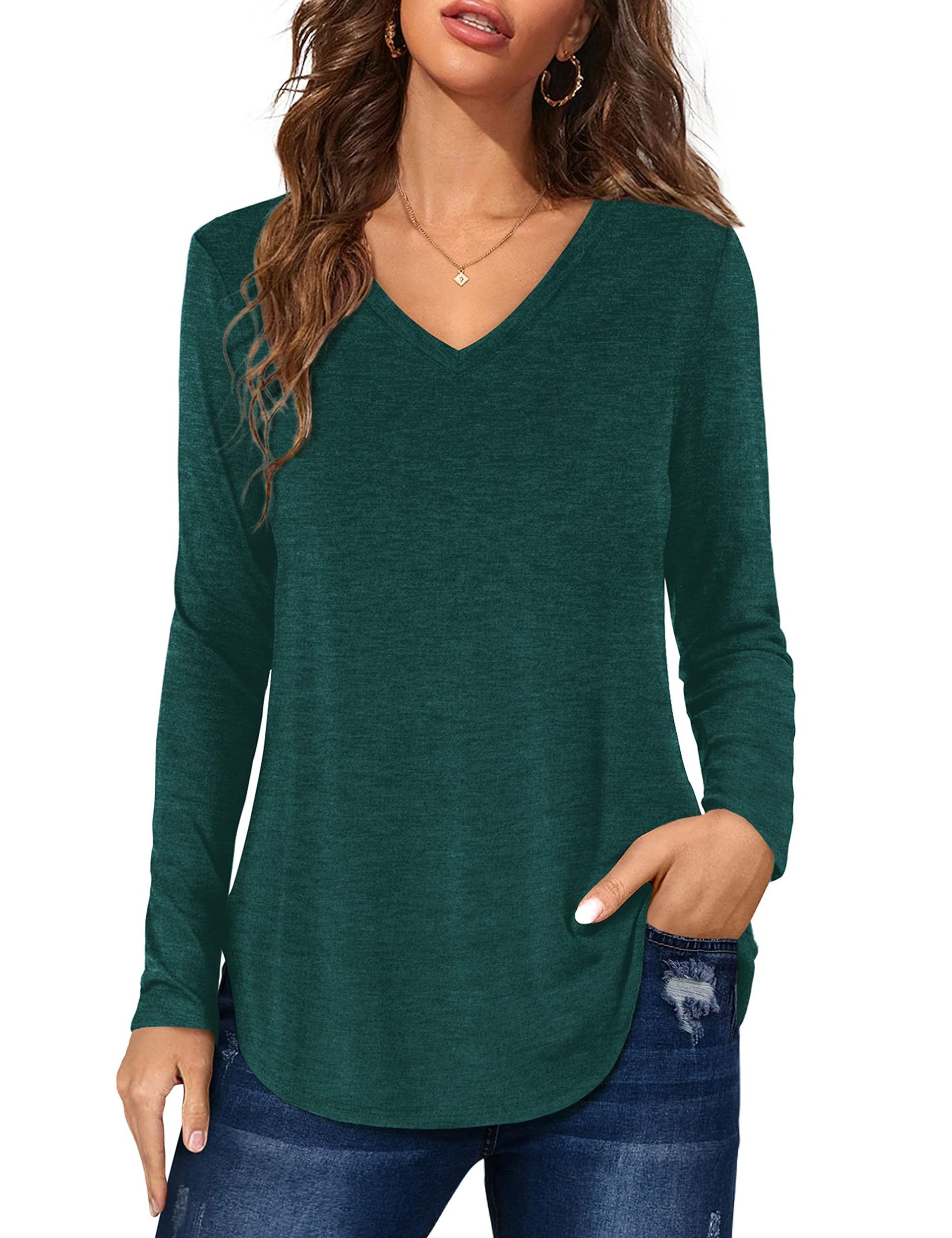 Women's Long Sleeve Tunic Top V Neck Loose Fit Casual T-Shirt Blouse - Army Green 18-20