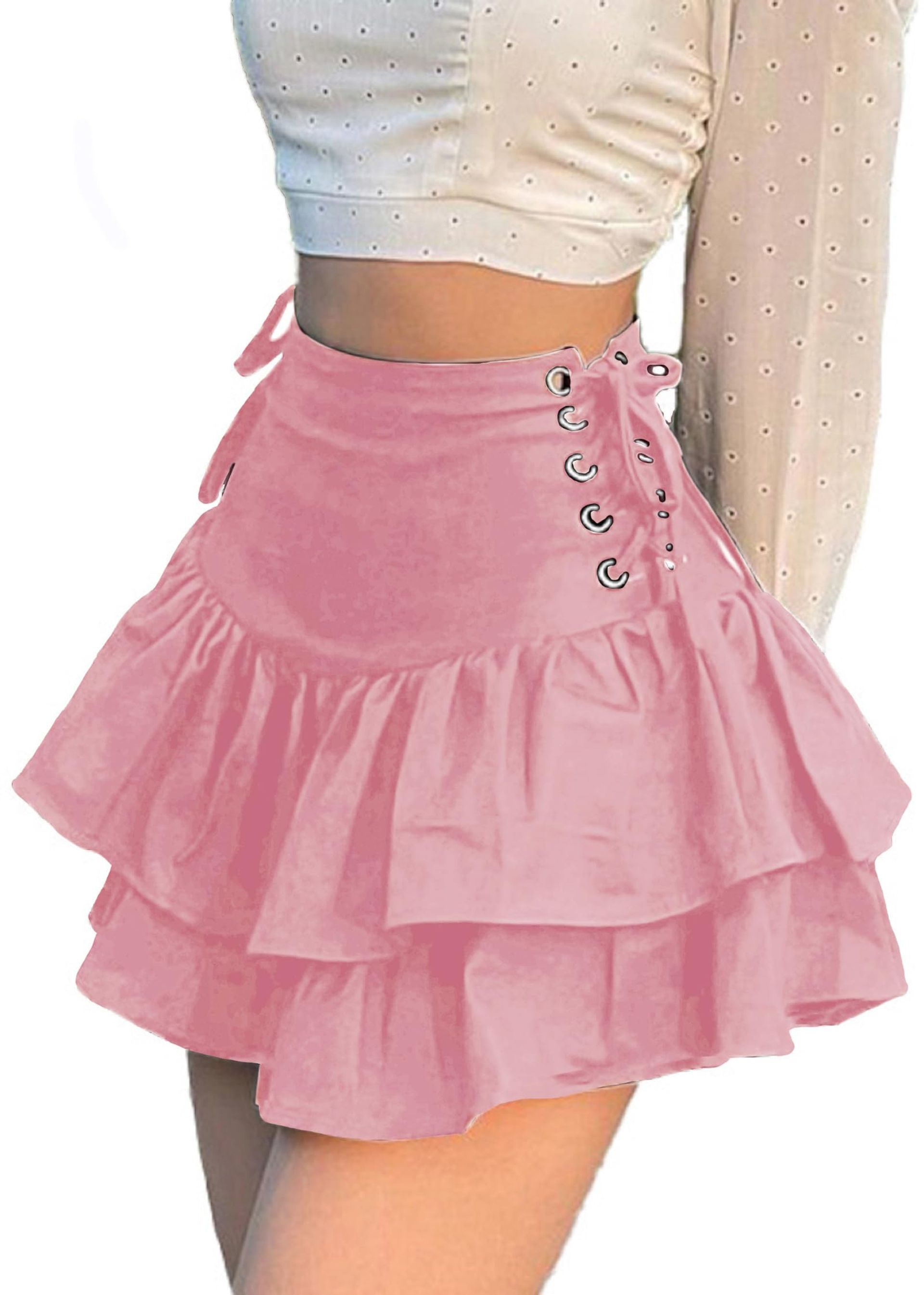 Women's Gothic Criss Cross Tie Up High Waist Ruffle Pleated Mini Skirt - Pink S