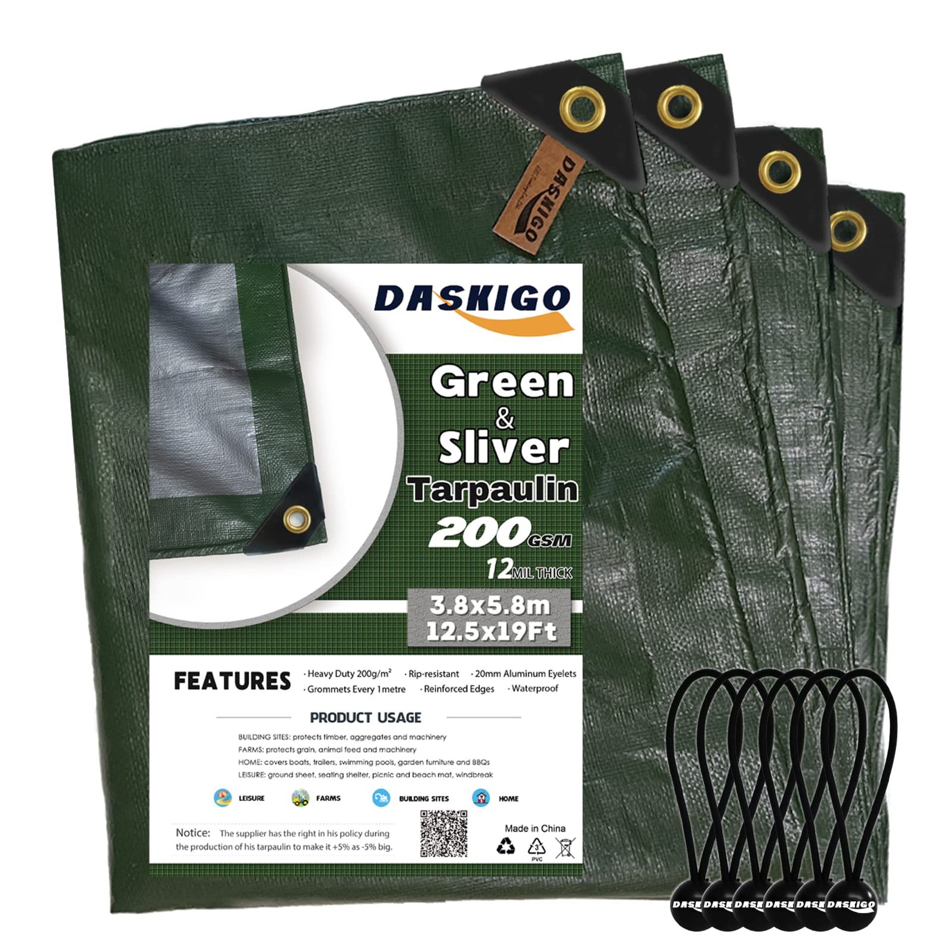 Heavy Duty Waterproof Reinforced Tarpaulin Sheet 200GSM with 6 Bungee Balls for Outdoor Use - Green & Silver 4 x 6m