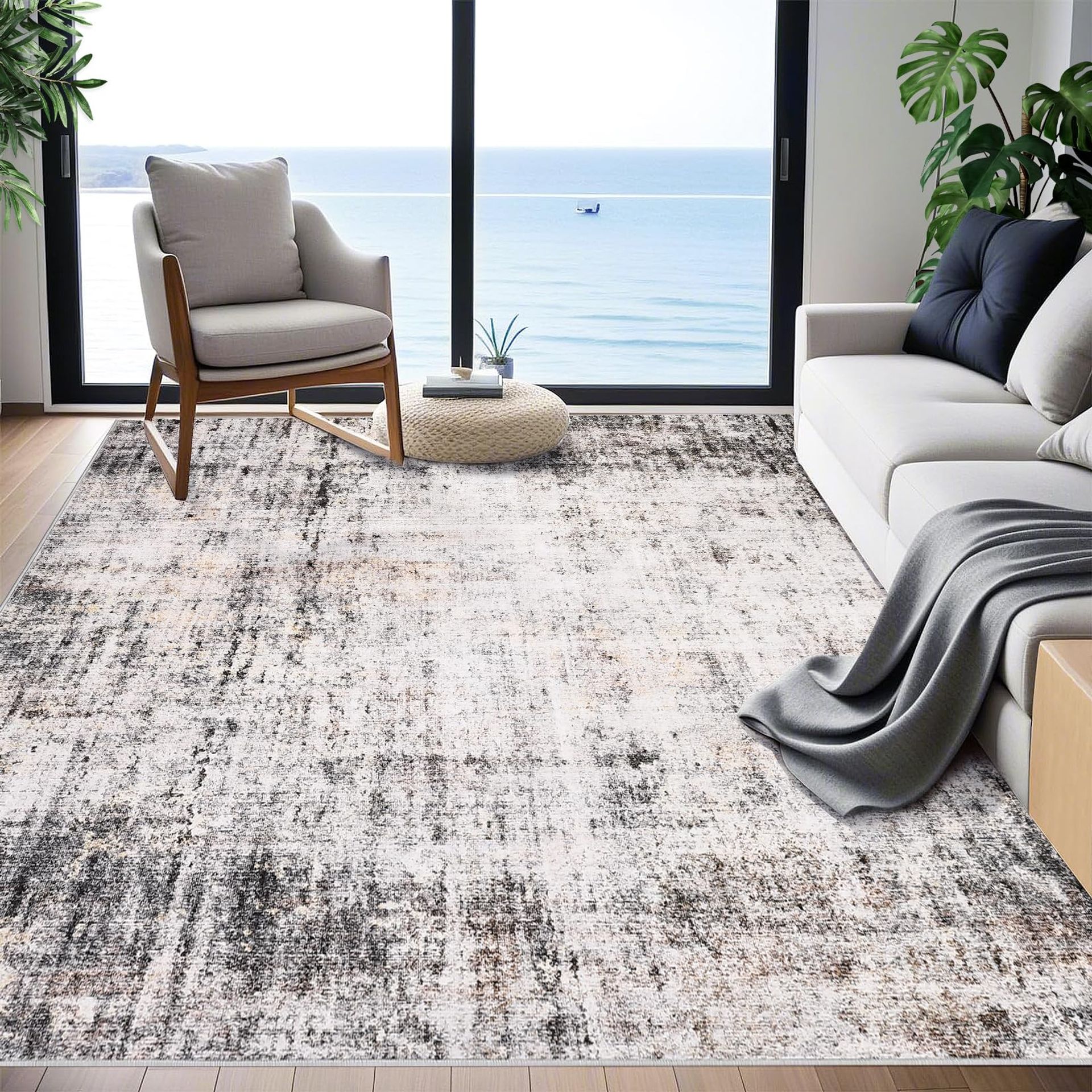 Vintage Area Rug Soft Short Pile Machine Washable Non-Slip Carpet for Living Room, Bedroom, Hallway & Office - Grey 240x340cm
