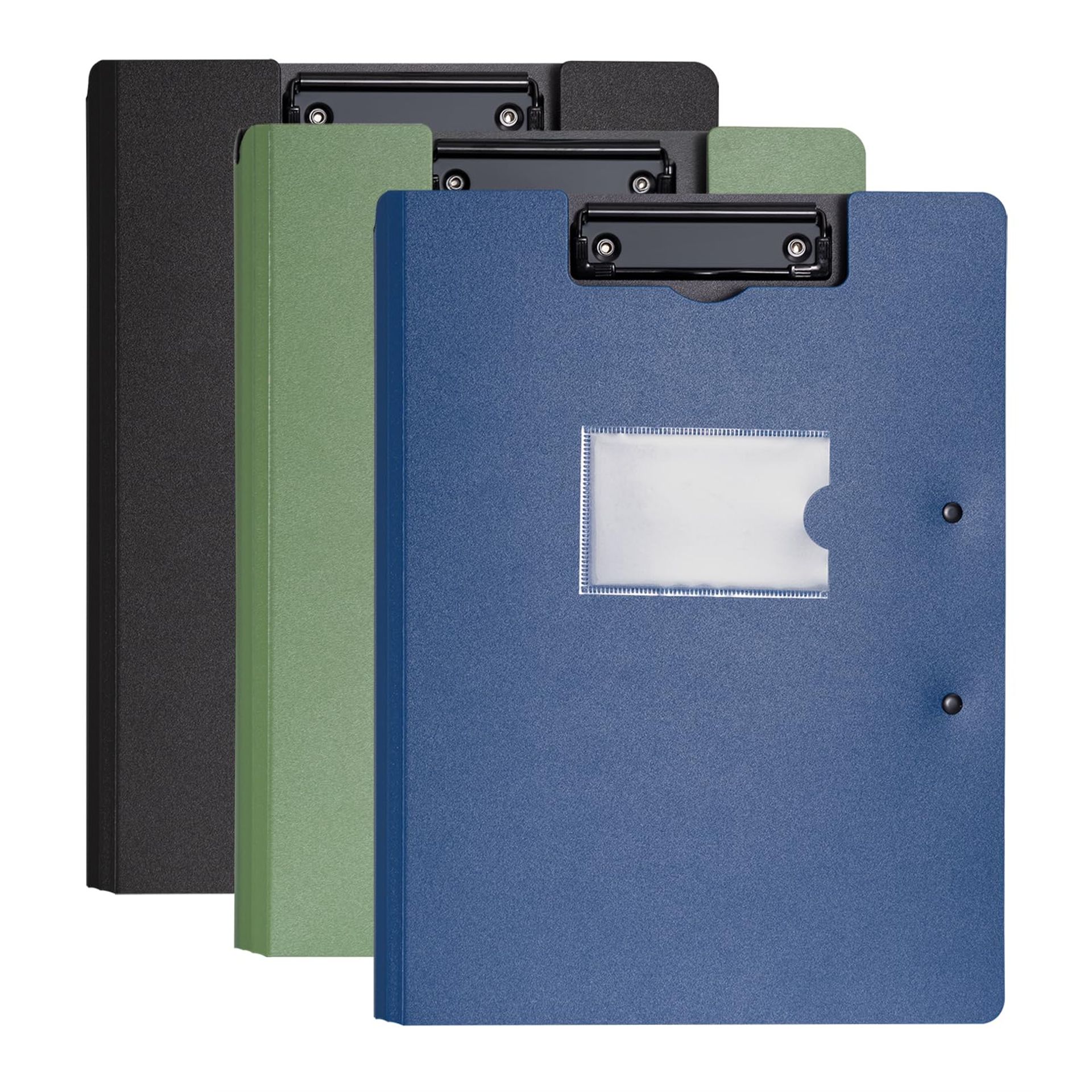 Clipboard Folder Set 6 Pack A4 Double Clips with Pocket Fold Over Plastic Boards for Office, School & Warehouse - Black Blue Green