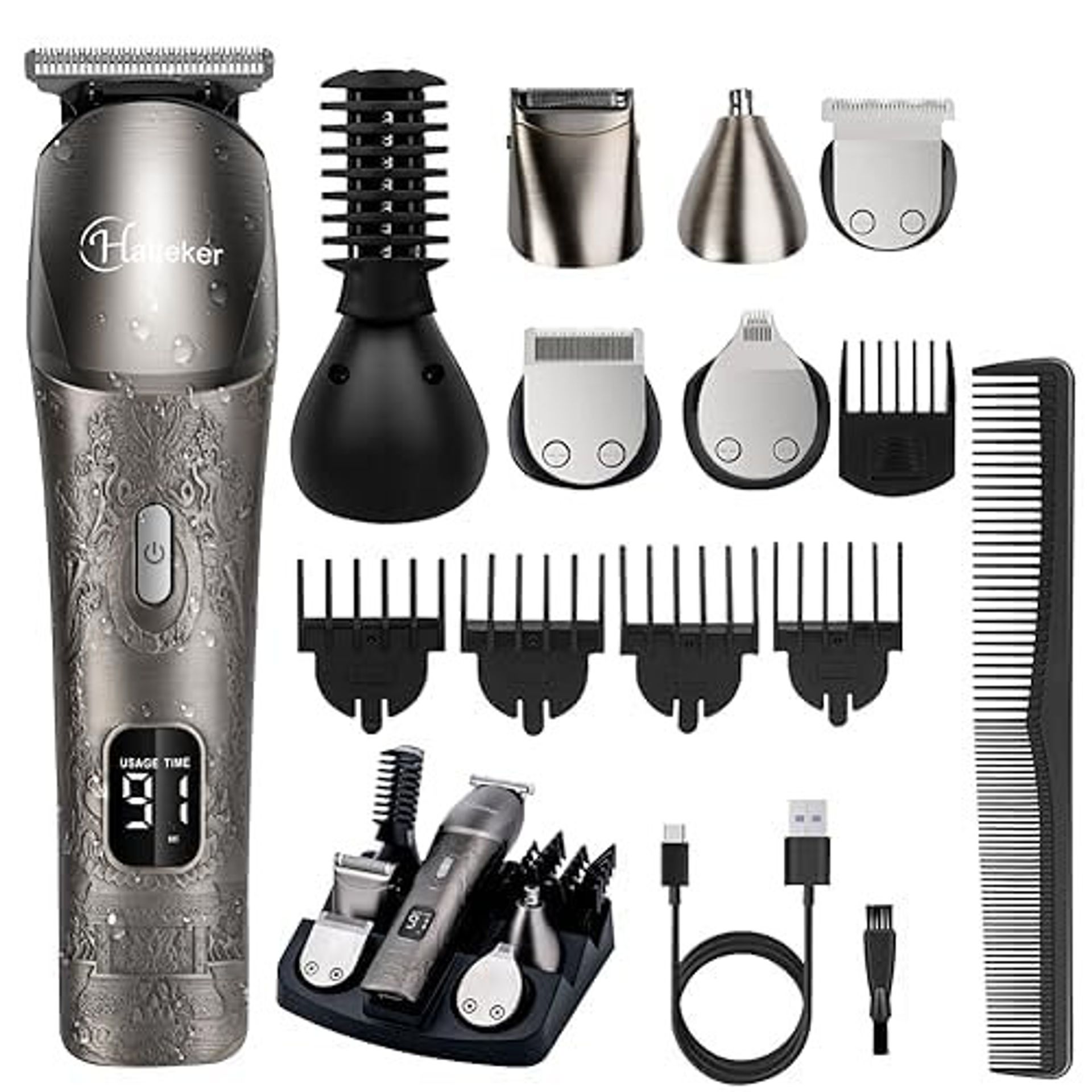 Beard Trimmer Men's 6-in-1 Hair Clipper Waterproof Electric Grooming Kit with Nose, Face & Body Attachments - Silver Grey XK-DE-601