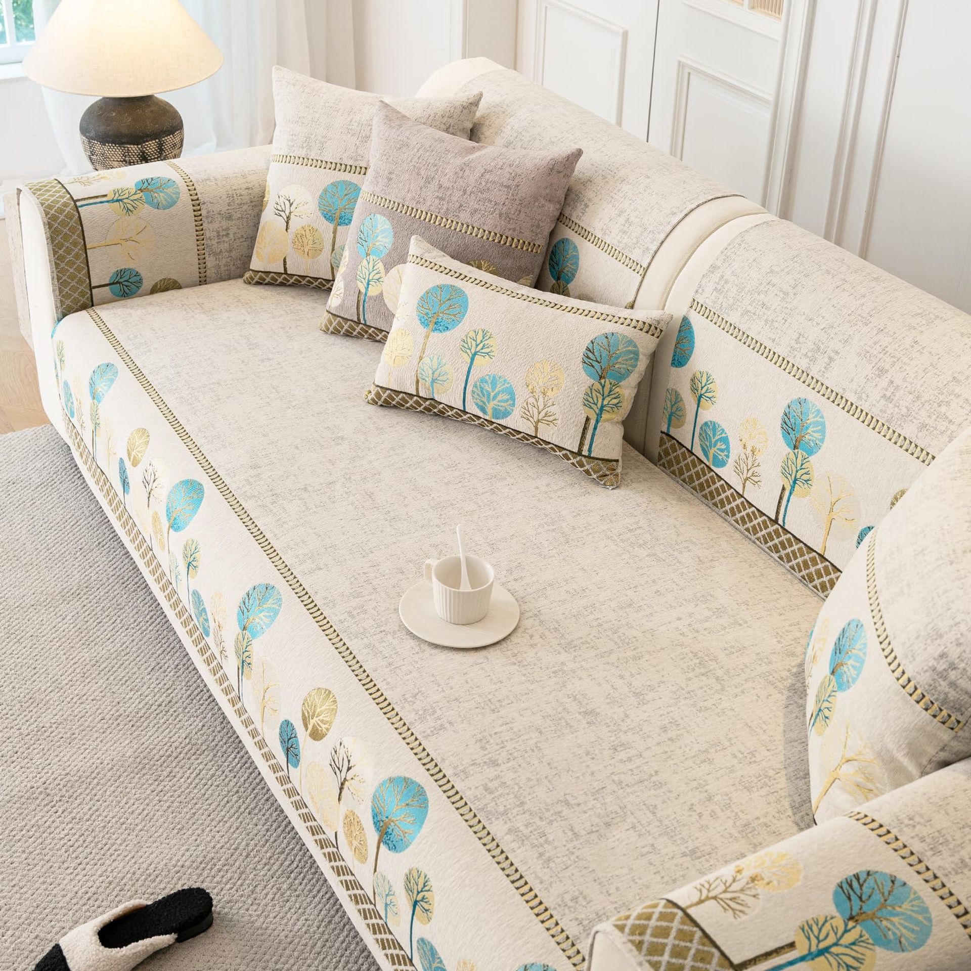 Sectional Sofa Cover Washable Boho Print Non-Slip Furniture Protector for Loveseats and 2-Seat Sofas - White 1PC/35"x63"