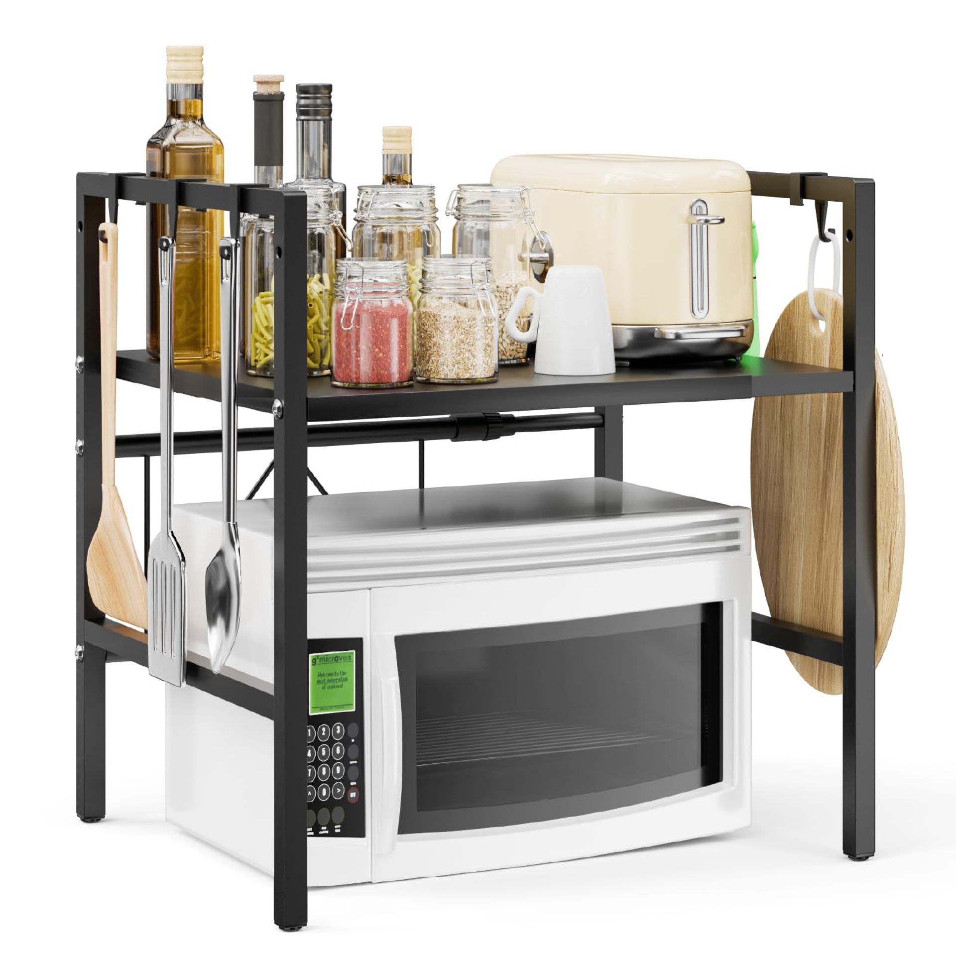 2-Tier Extendable Microwave Oven Rack Stand Adjustable Kitchen Countertop Organiser with 6 Hooks Carbon Steel Frame - Black 40-60cm