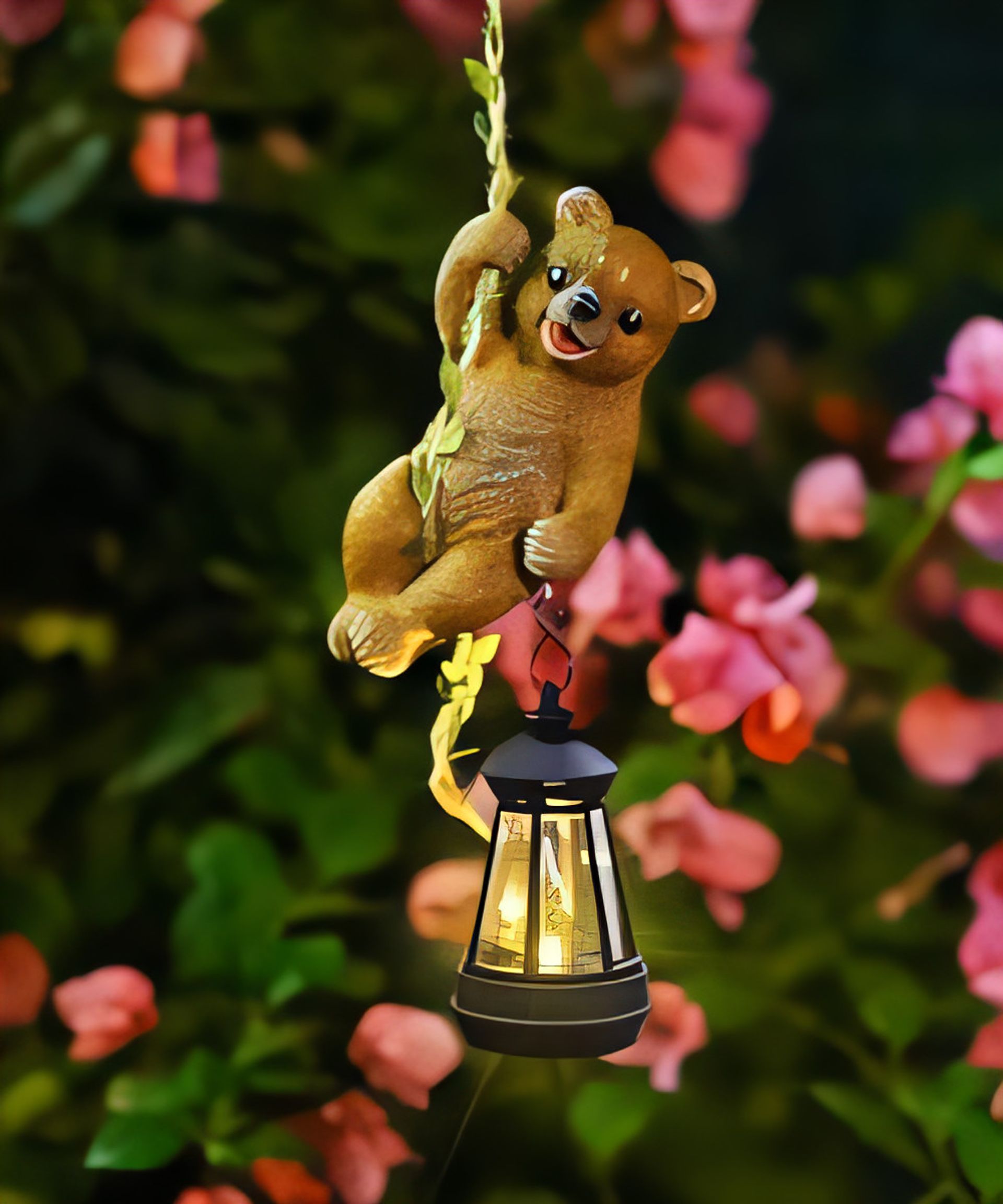 Solar Hanging Garden Bear Statue with LED Lantern Outdoor Tree Decor - Brown Bear - Spring Refresh