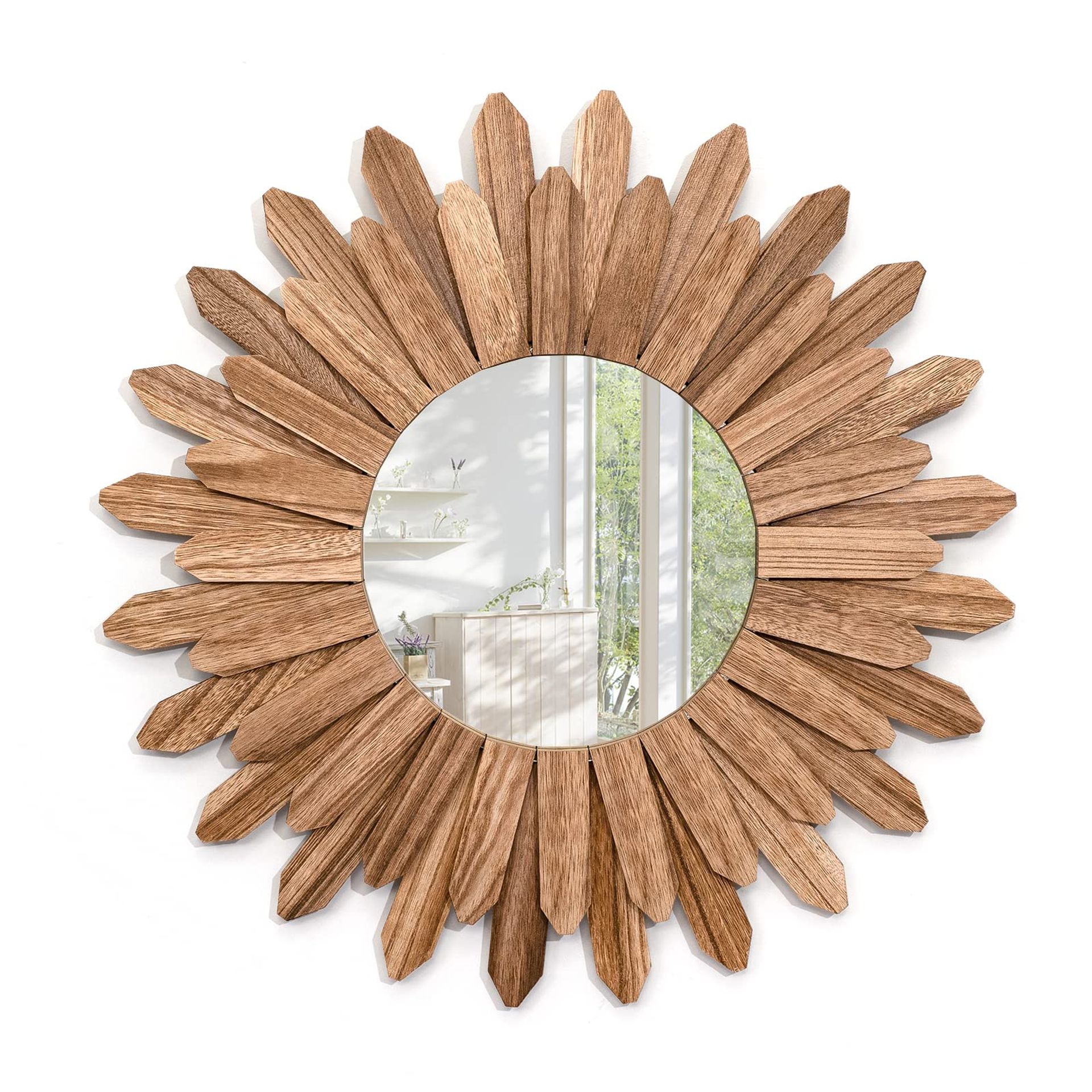 Rustic Wood Sunburst Wall Mirror Farmhouse Boho Decorative Round Design - Rustic Brown 53cm