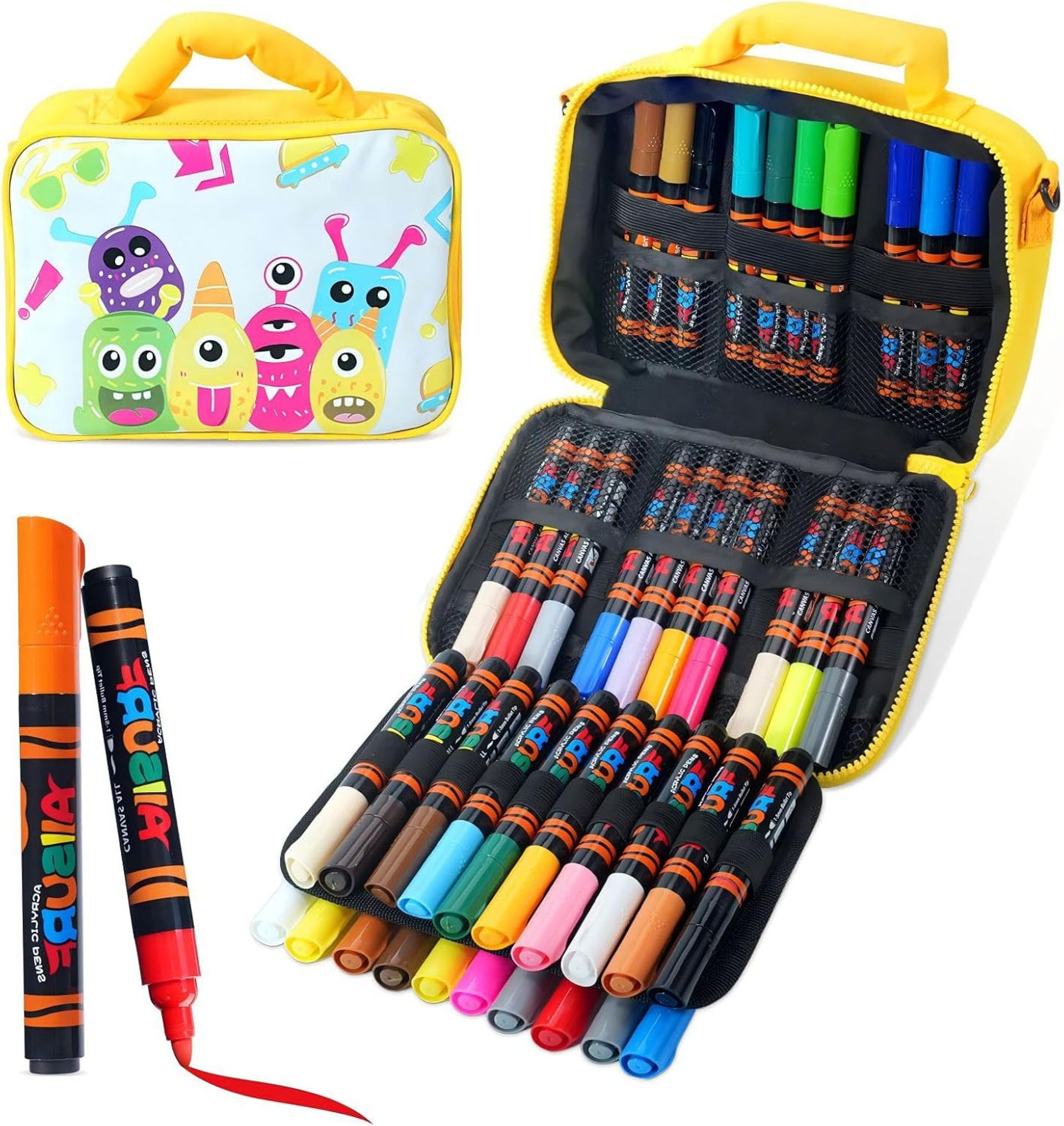 Acrylic Paint Pens Permanent Fabric Markers Waterproof for Rocks, Wood, Glass & More, 40 Vibrant Colours with Carry Bag - Yellow Bag with 40 Colours
