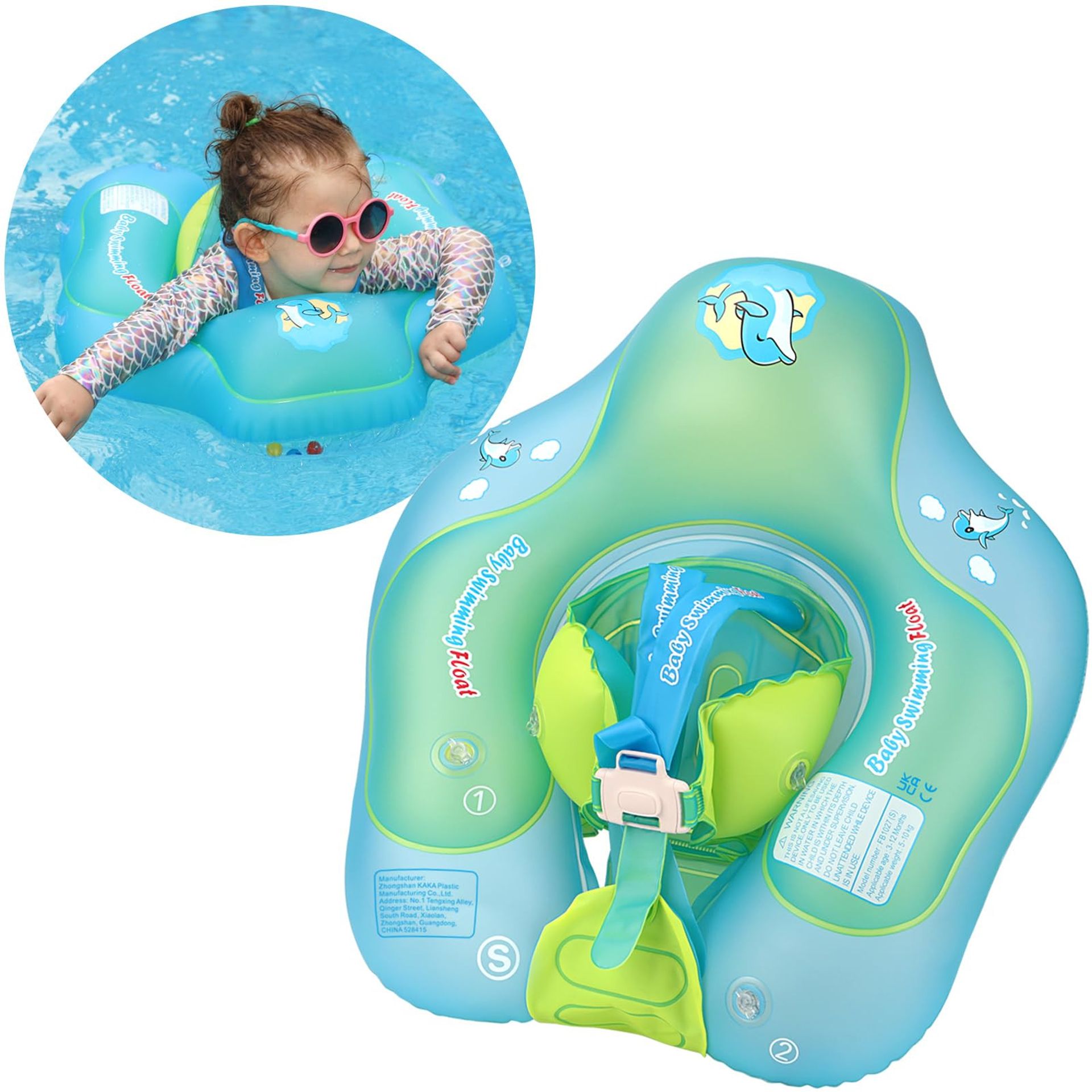 Baby Swimming Float with Canopy Safe Inflatable Pool Trainer for Infants and Toddlers - Green S