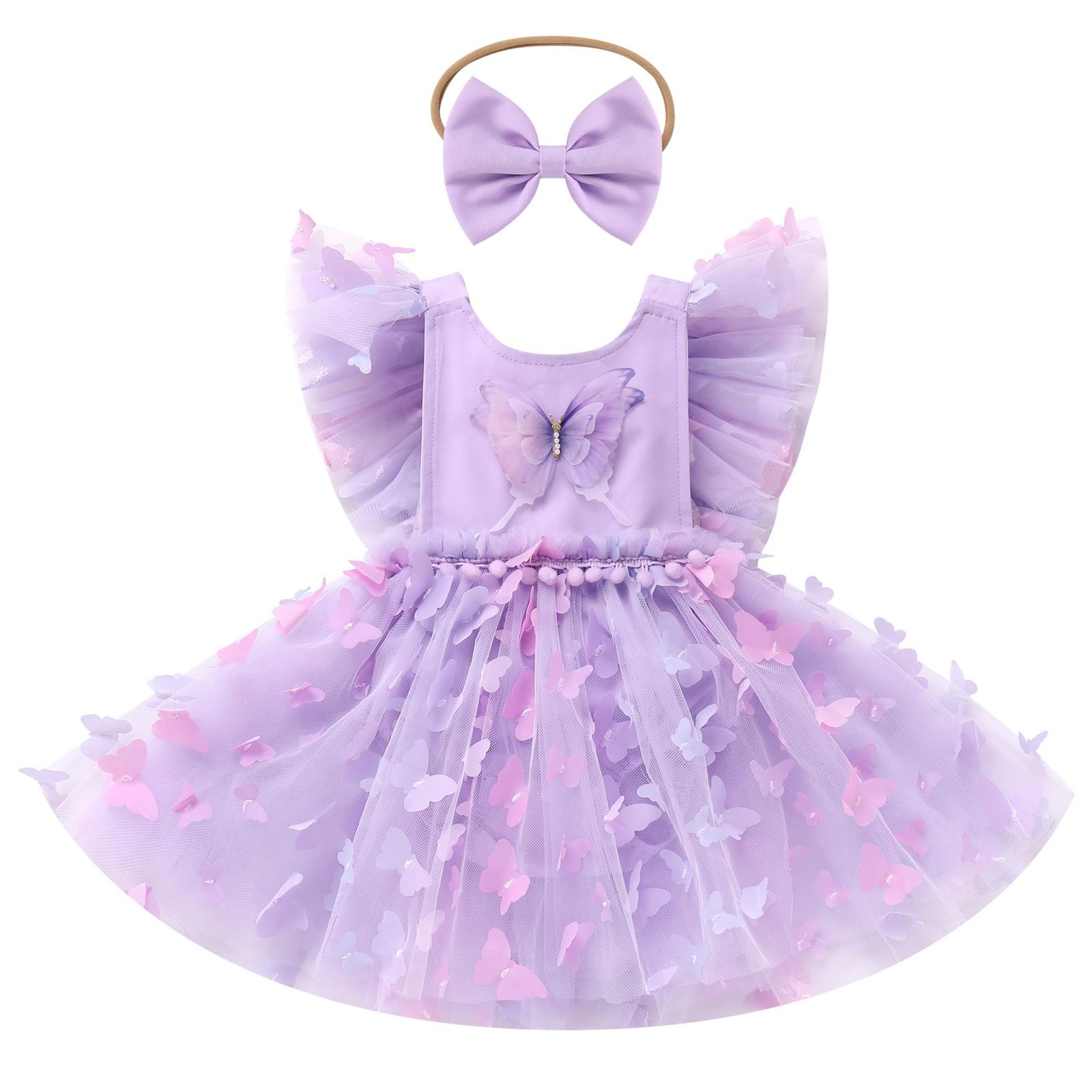 Baby Girl Princess Tutu Romper Dress Birthday Party Outfit with Headband - Purple 18-24 Months