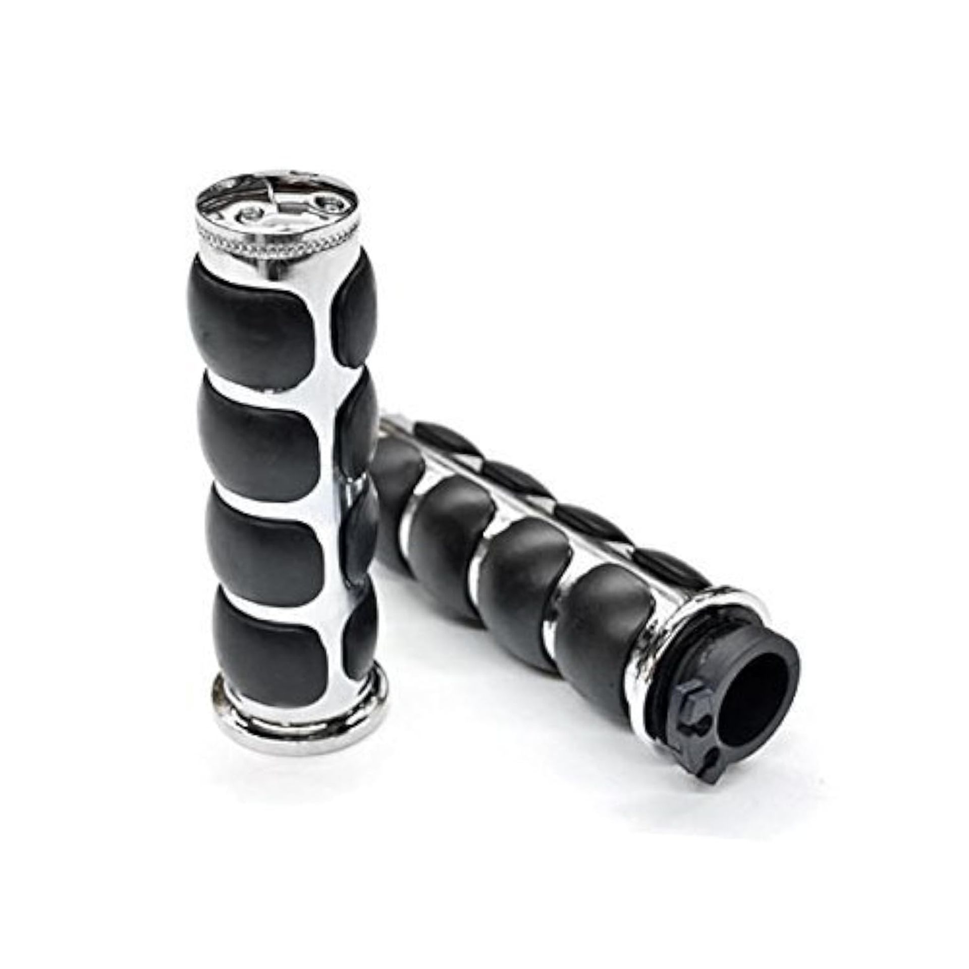 Motorcycle Handlebar Grips Chrome Rubber 1-Inch Universal Fit for Harley Chopper Cruiser - Silver