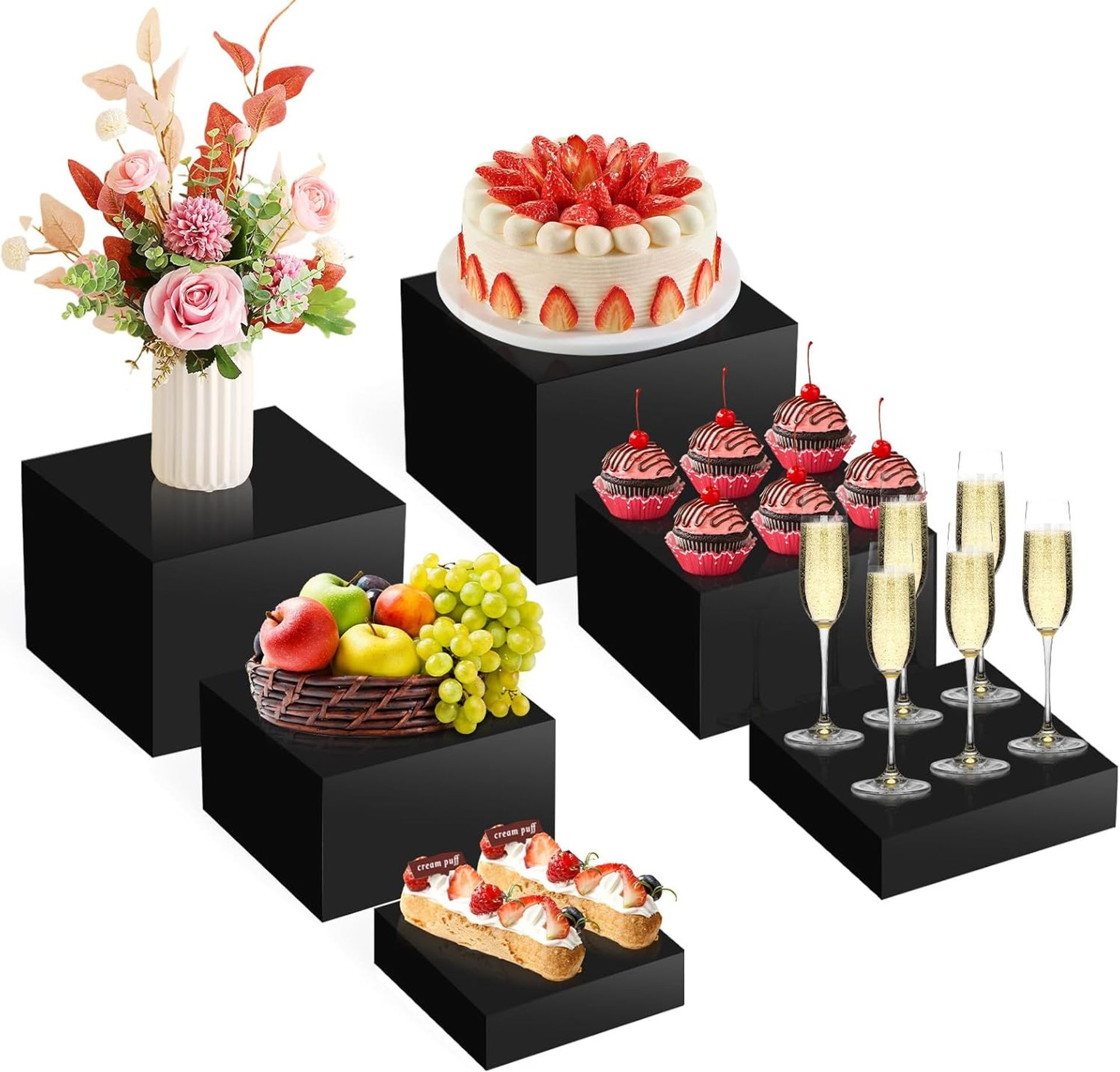 Acrylic Display Boxes Set of 6 Food Buffet Risers Stands for Cake, Dessert and Event Table Decor - Black 15-28 cm