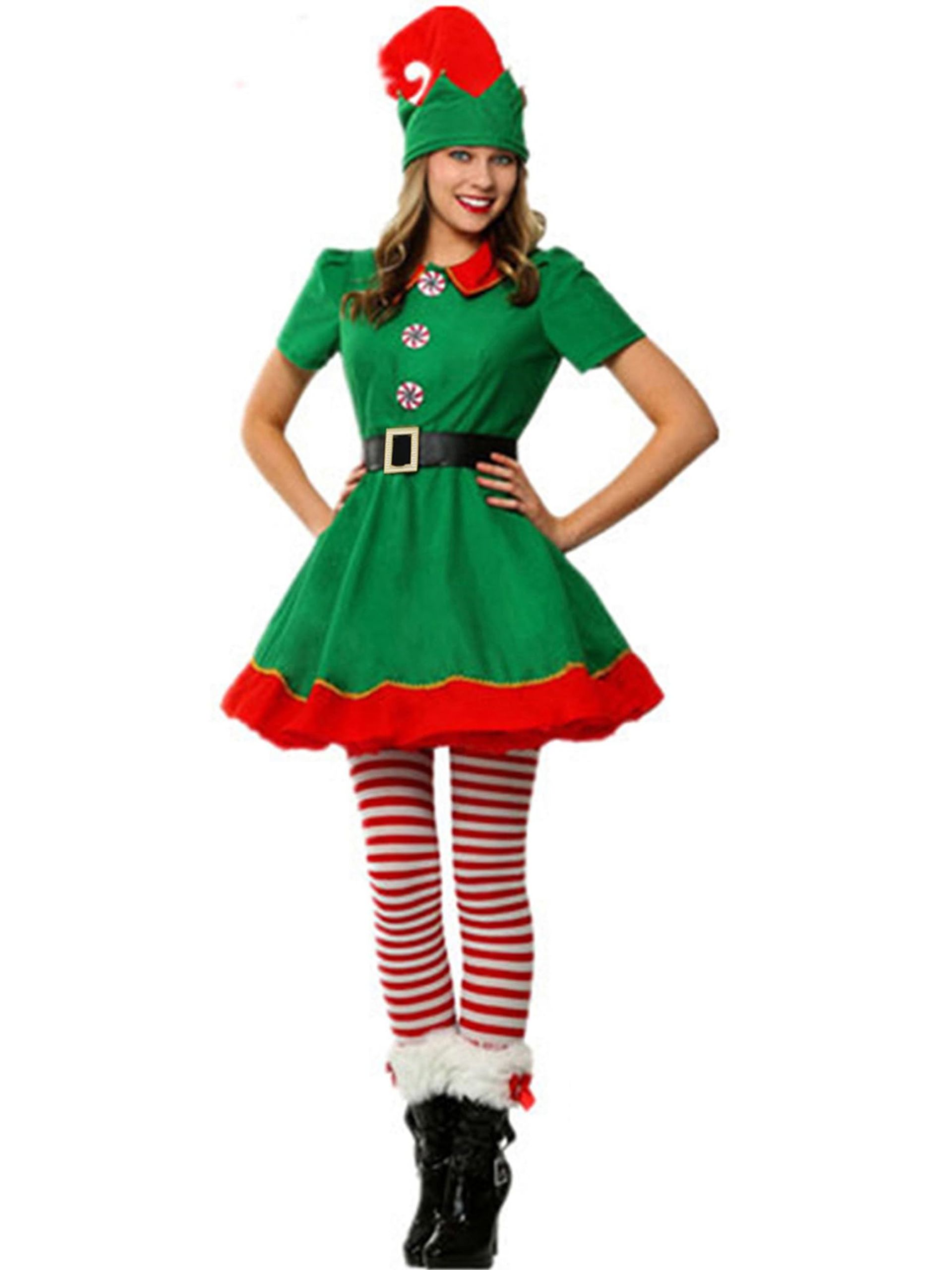 Family Matching Christmas Elf Costume Short Sleeve Dress with Hat, Belt and Socks - Women L