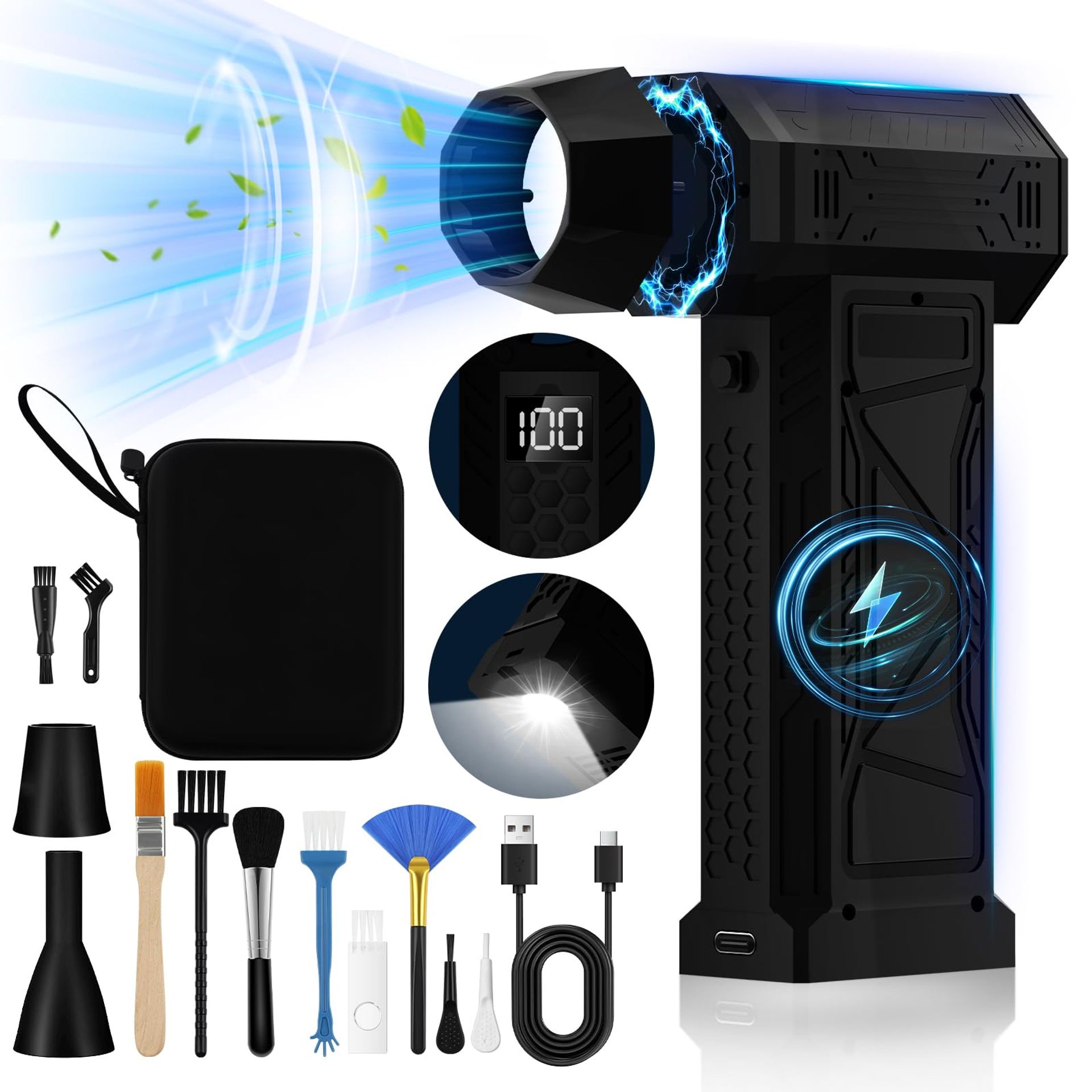 Electric Compressed Air Duster 180000RPM LED Display 10000mAh 4-Speed Rechargeable Cleaner with Flashlight for Car Sofa Keyboard - Black