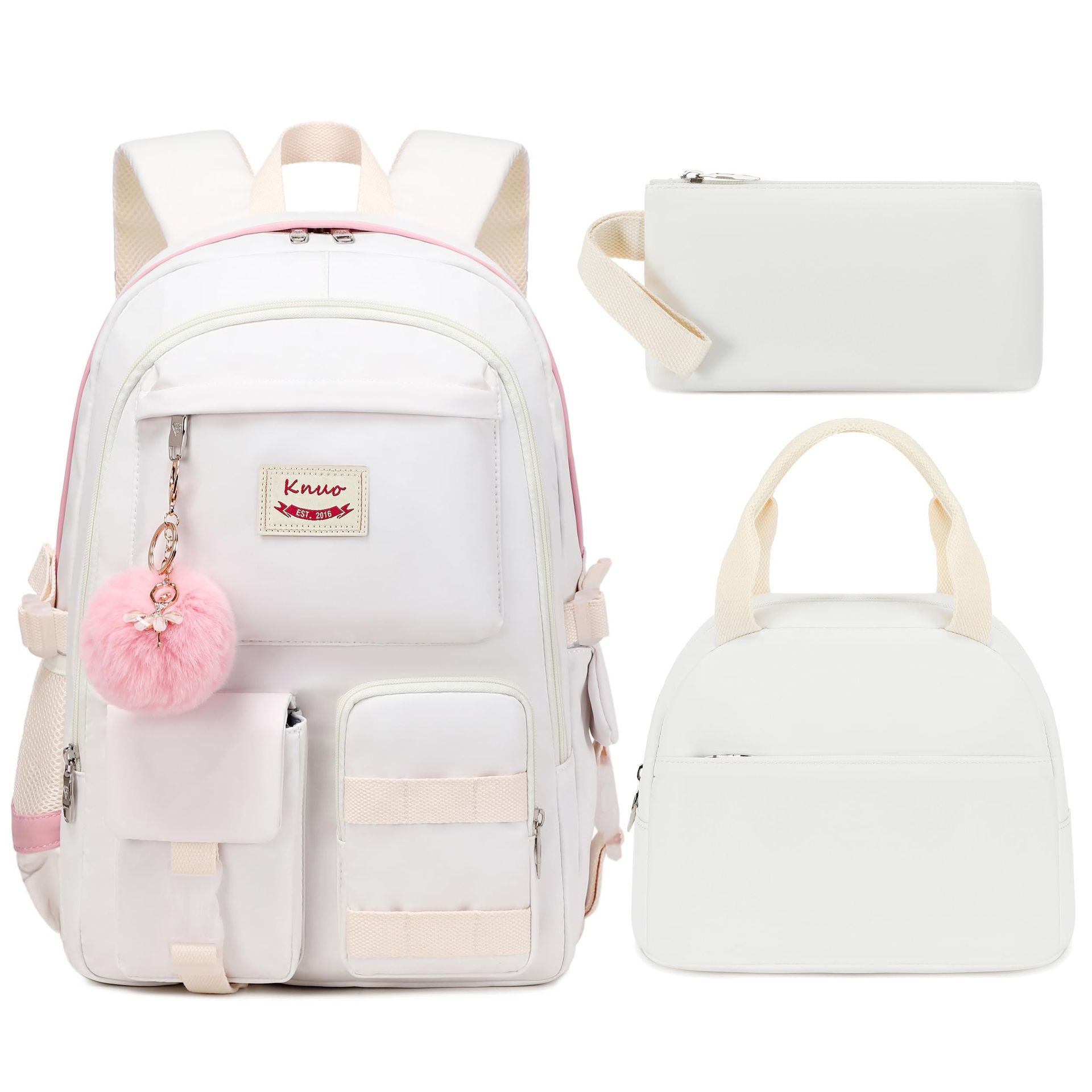 School Backpack Set for Teen Girls 3-in-1 Laptop Bookbag with Lunch Bag & Pencil Case - Beige Large