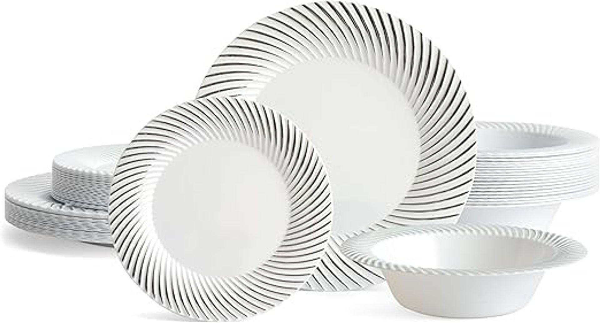96-Piece Plastic Tableware Set with Silver Border Reusable Plates and Bowls - Silver Dinner Set 96 Pezzi - Spring Refresh