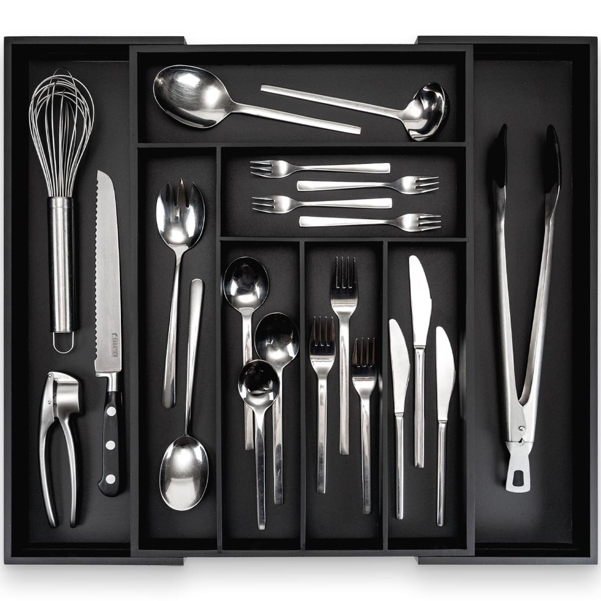 Bamboo Cutlery Tray Extendable Kitchen Drawer Organiser with 8 Compartments - Black 50 cm - Spring Refresh