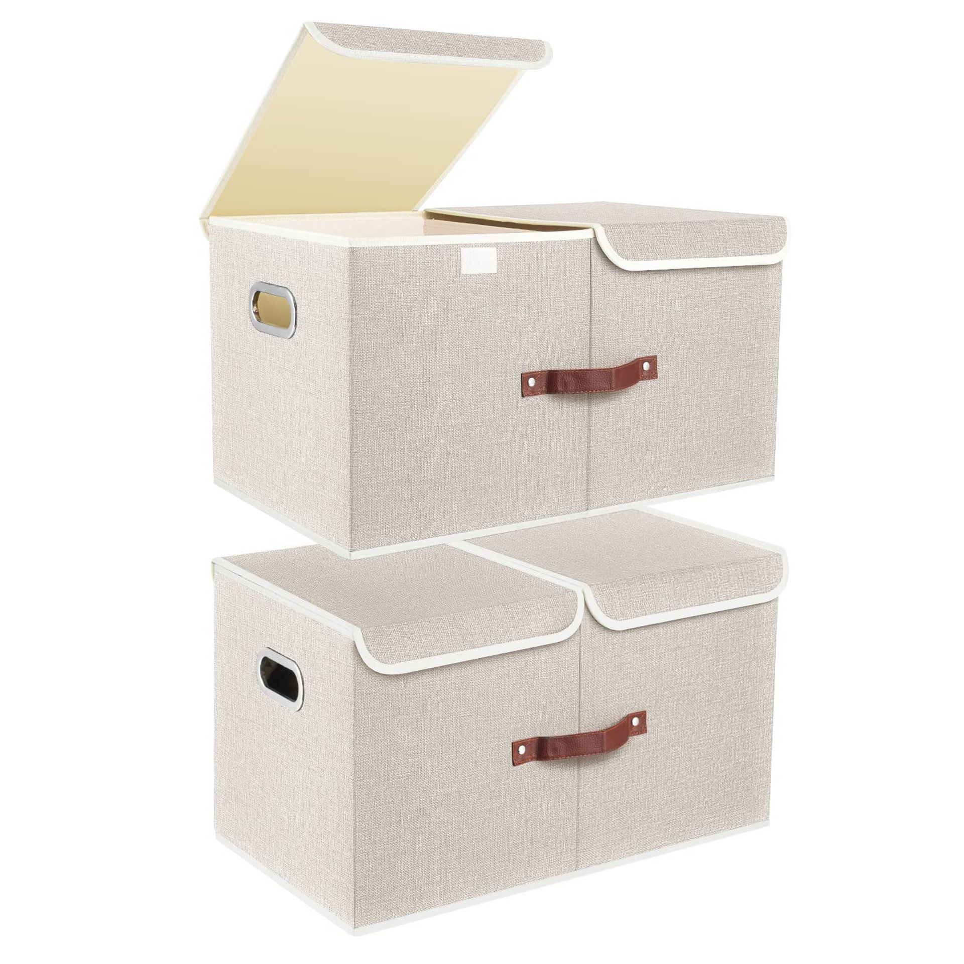 Extra Large Collapsible Fabric Storage Boxes with Lids and Dividers, Washable Organisers for Clothes, Bedding & Wardrobes - Beige Set of 2