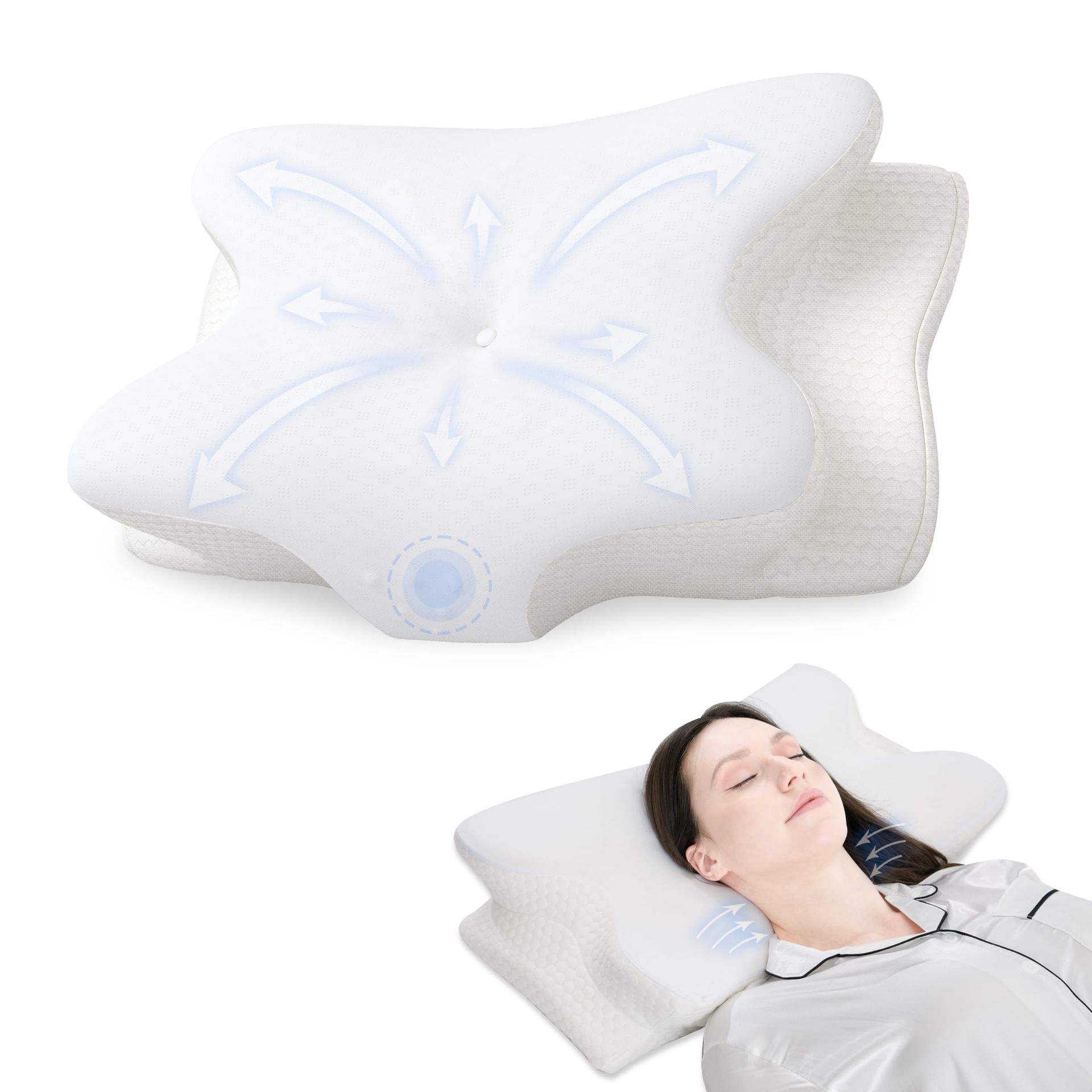 Cervical Memory Foam Ergonomic Neck Pillow Orthopaedic Support with Removable Washable Cover - Ivory White Queen Size - Valentines