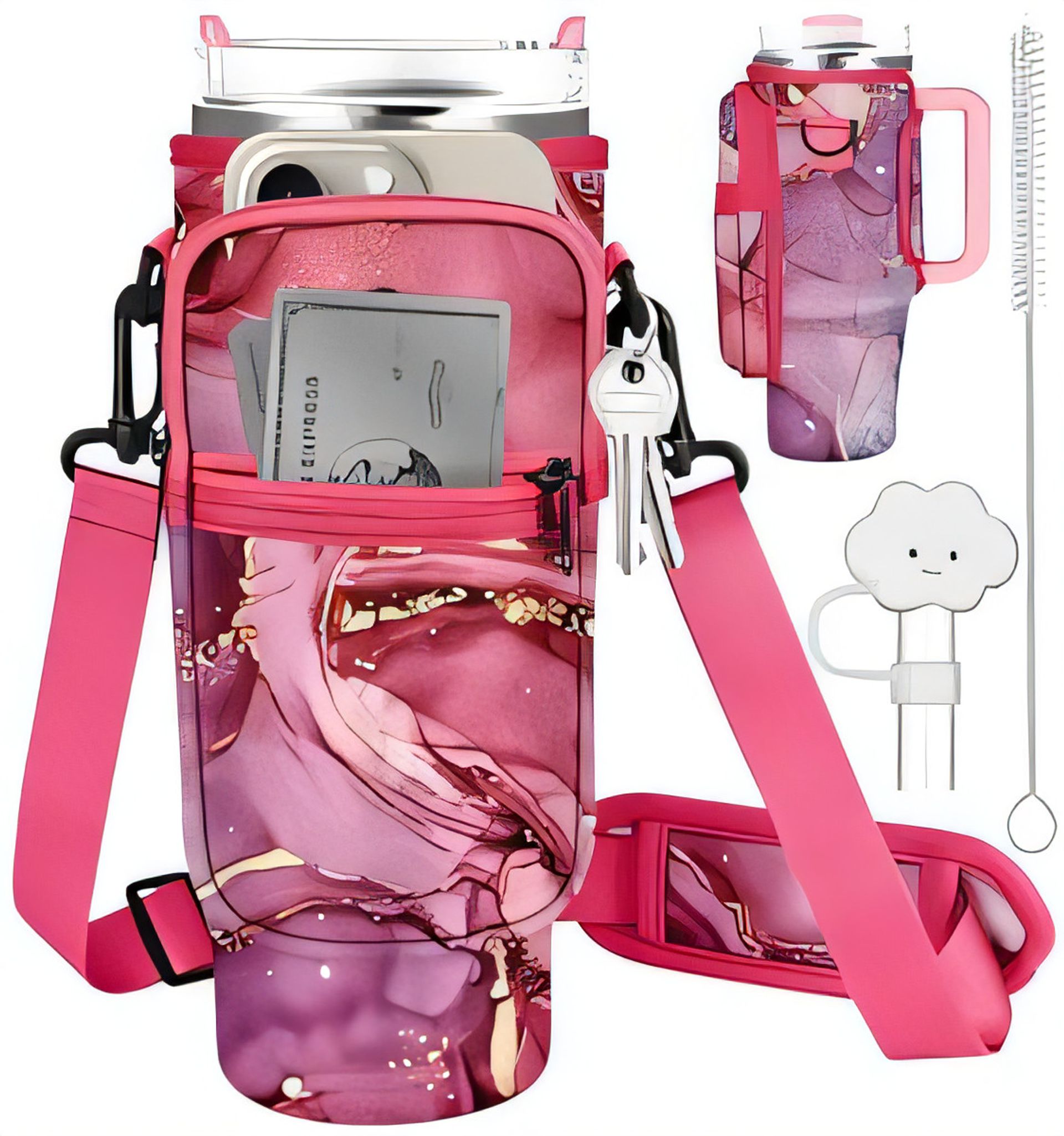 Water Bottle Holder Carrier Bag for 40oz Stanley Bottle Sling with Adjustable Strap, Phone Pocket, Straw Cover & Brush - Pink Marble