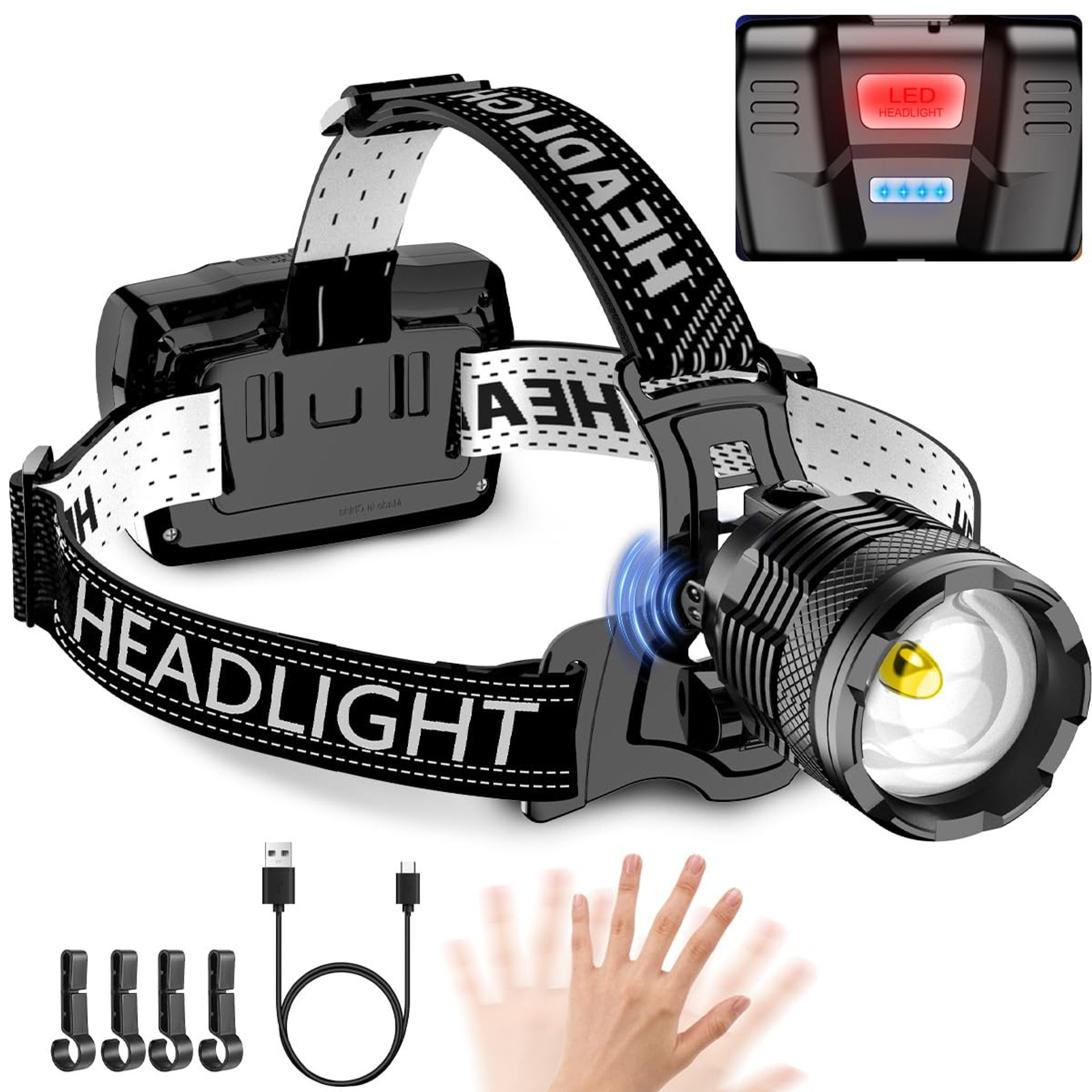 LED Head Torch Rechargeable 15000 Lumens with Motion Sensor & Red Rear Light Waterproof 3 Modes 90° Adjustable - Black H8188
