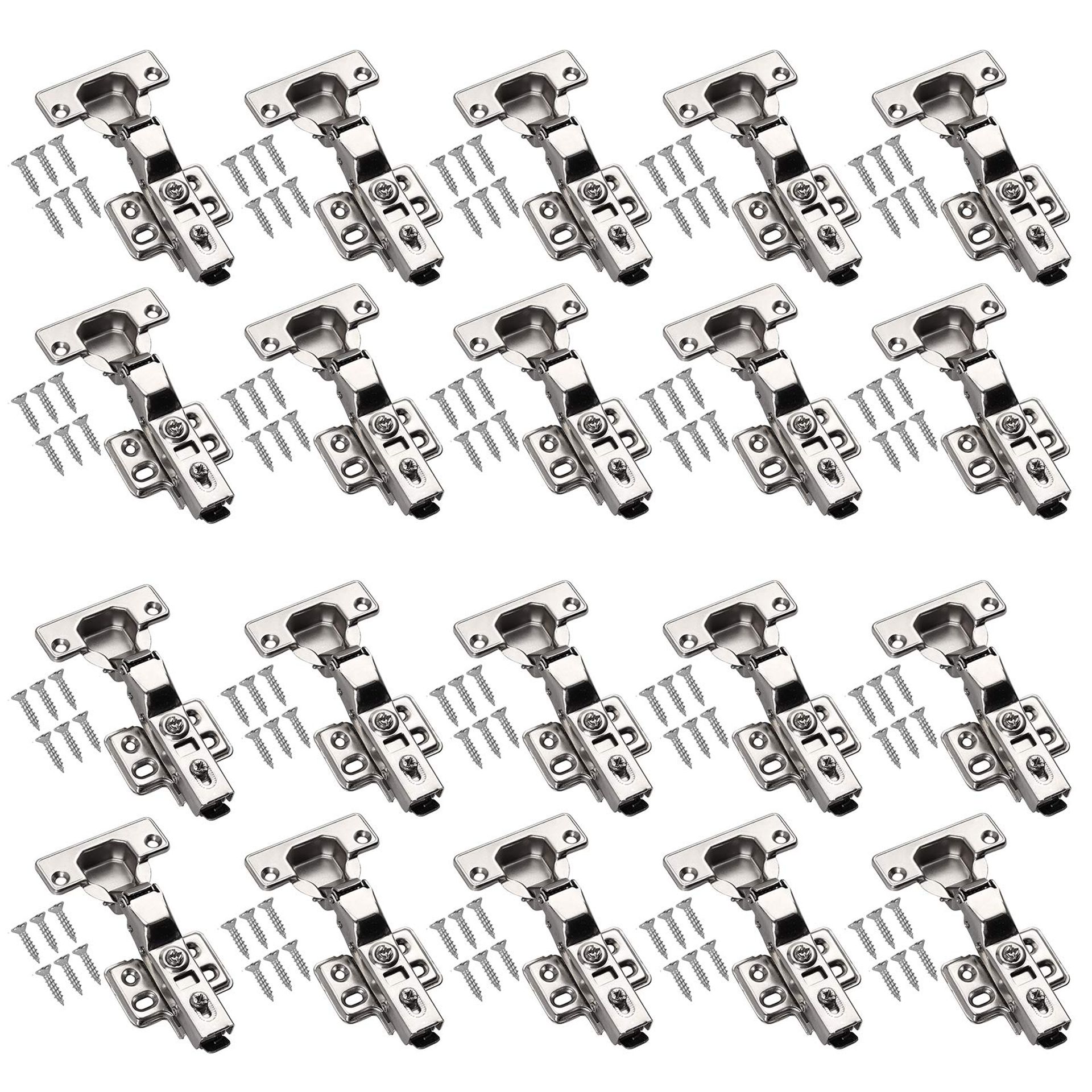Soft Close Cabinet Door Hinges 110° Hydraulic Clip-On Design Pack of 20 - Silver Half Overlay