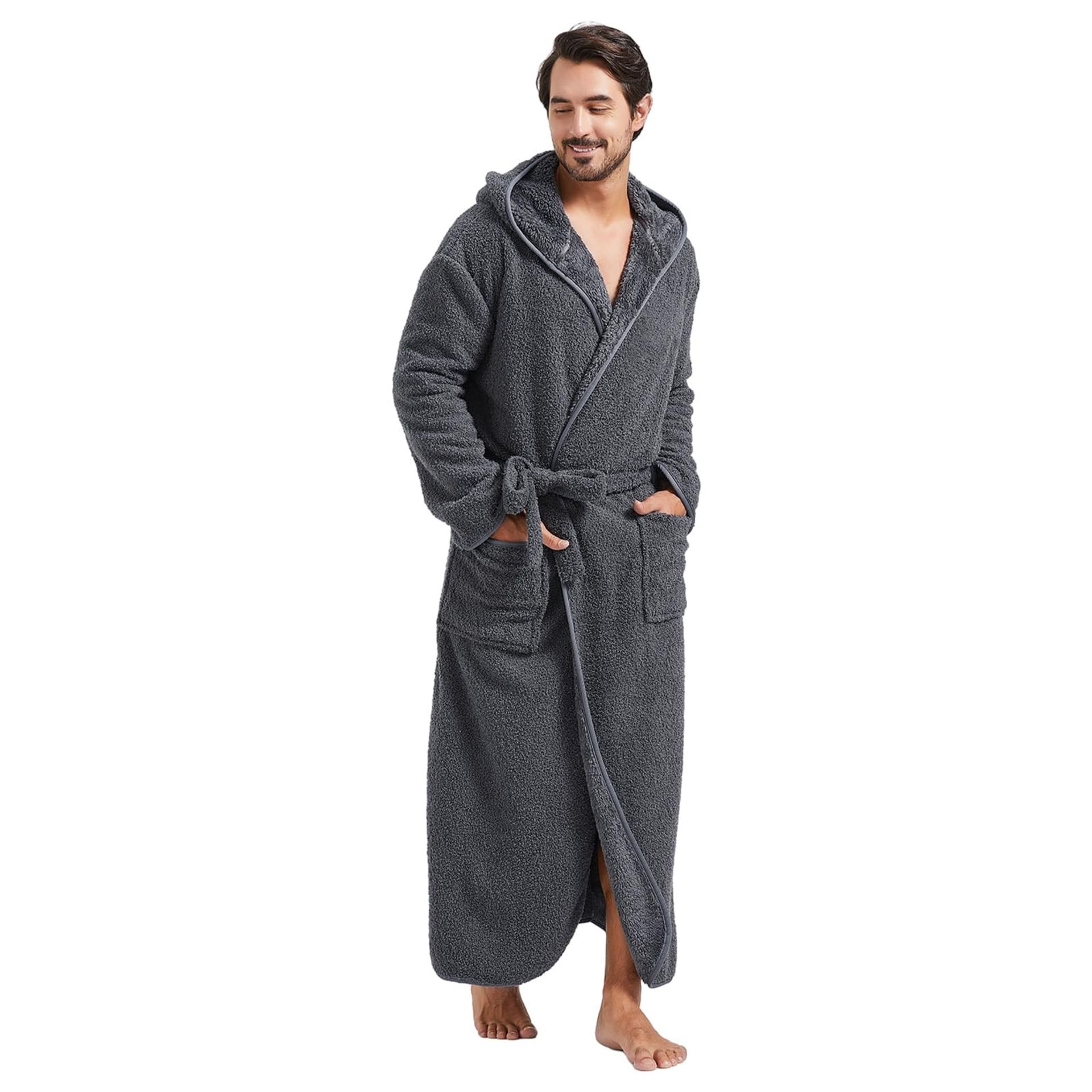 Men's Hooded Fleece Dressing Gown in Grey S/M
