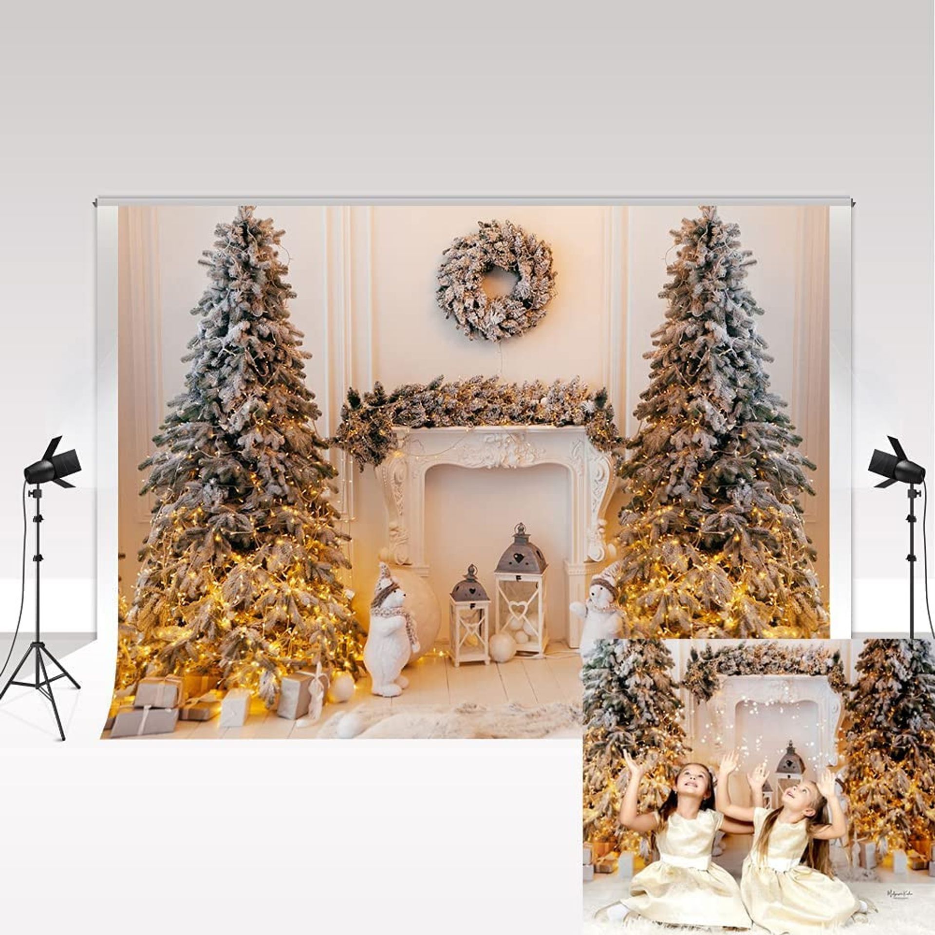 Christmas Photography Backdrop 10x6.5ft White Fireplace & Tree Scene - Type4 3x2m