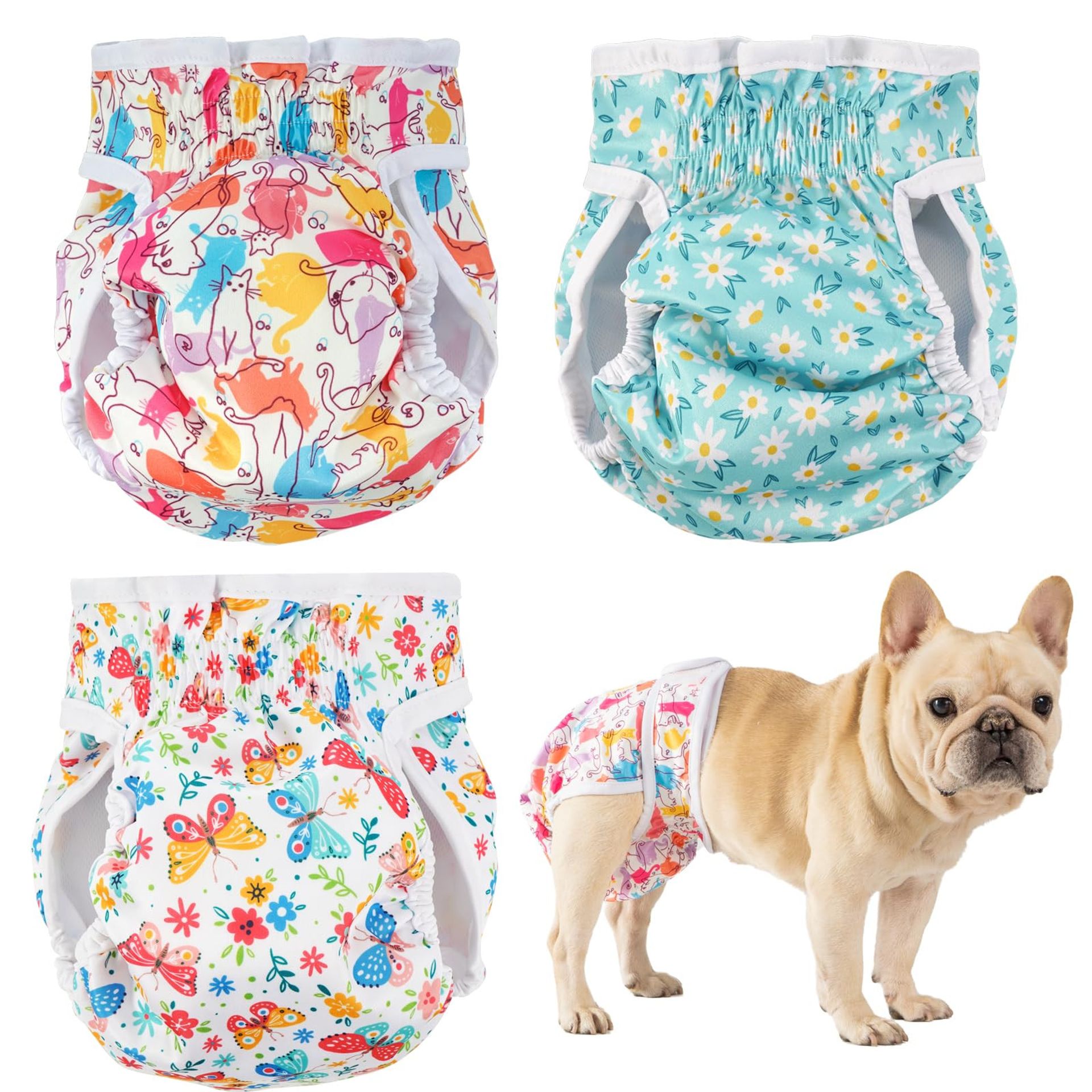 Dog Nappies for Female Dogs Washable 3 Pack Reusable Puppy Diapers with Soft Pads for Incontinence and Season Use - Multicolor L