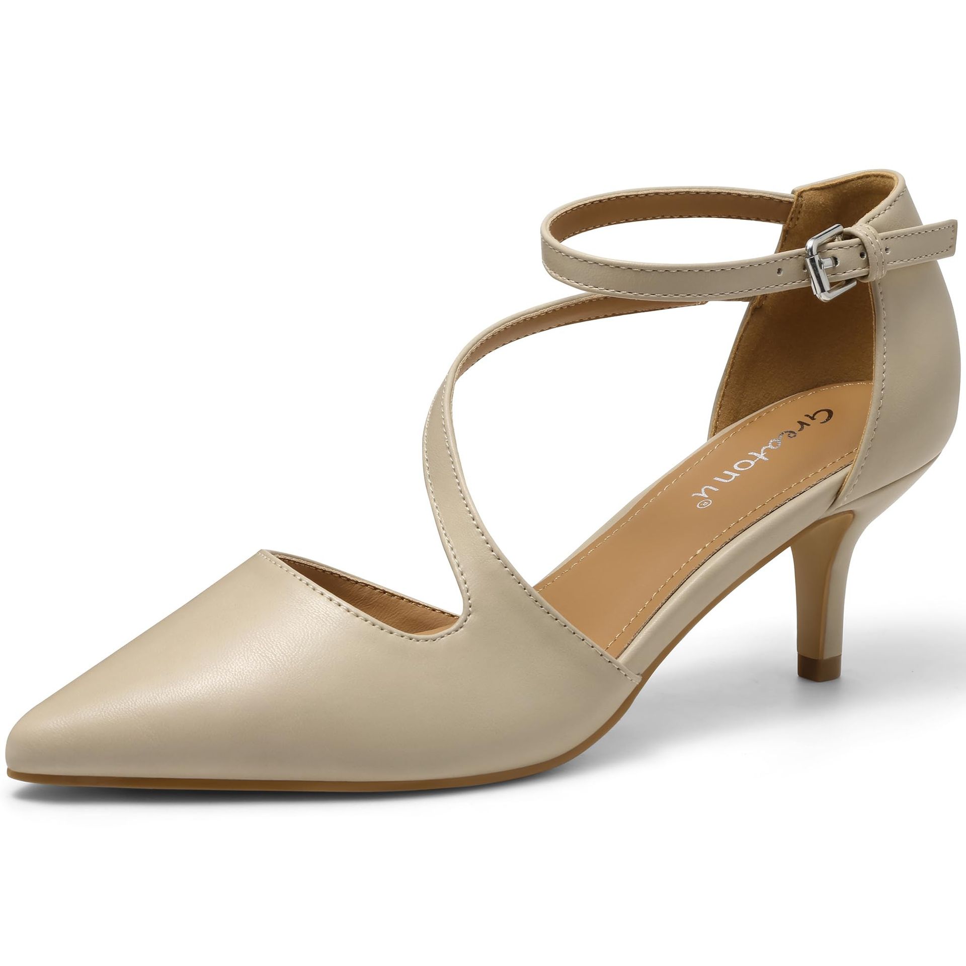 Women's Court Shoes D'Orsay Ankle Strap Low Kitten Heel Dress Pumps - Beige UK 8