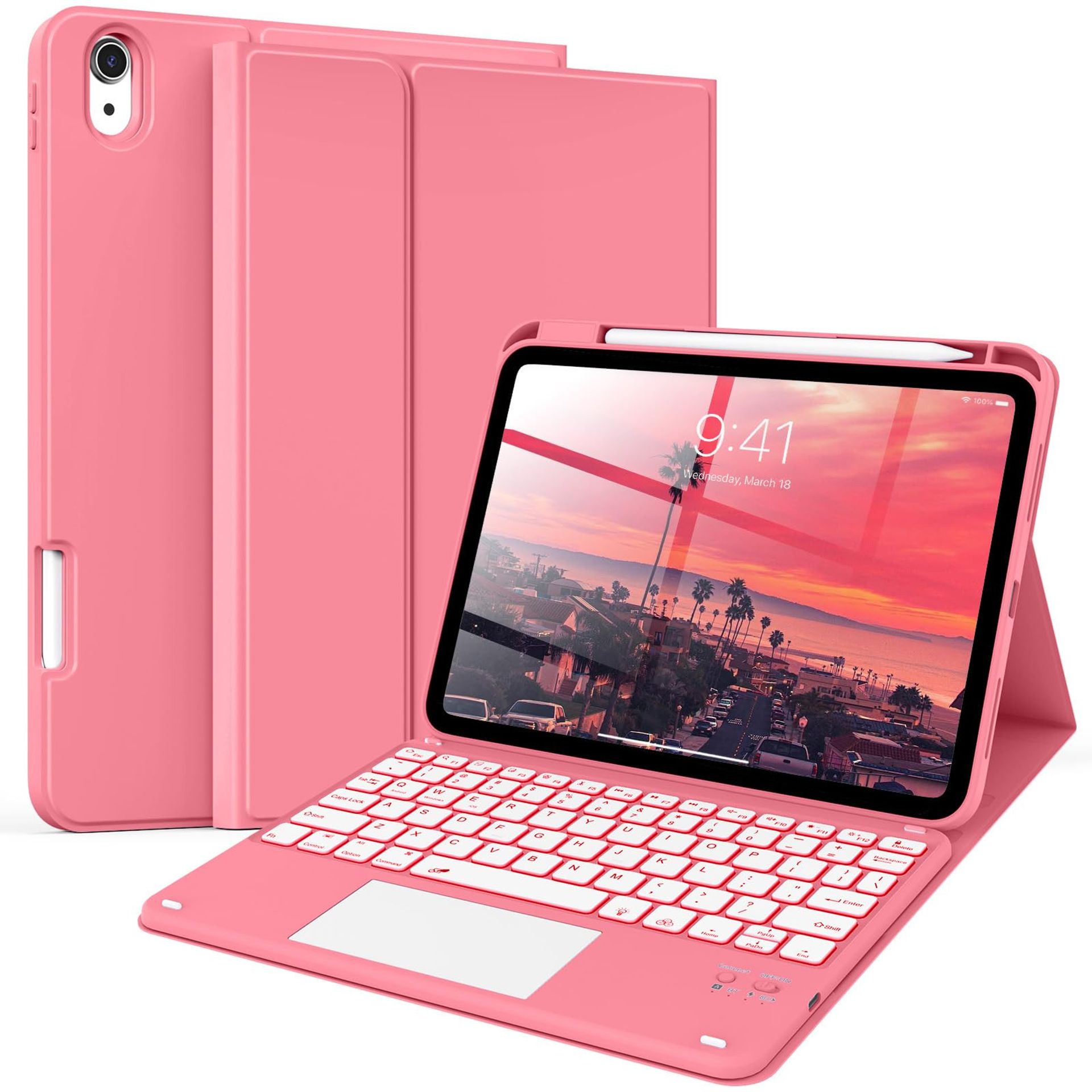 Wireless Bluetooth Keyboard Case for iPad 11th/10th Gen 11/10.9 Inch with 7-Colour Backlight, Touchpad & Pencil Holder - Red