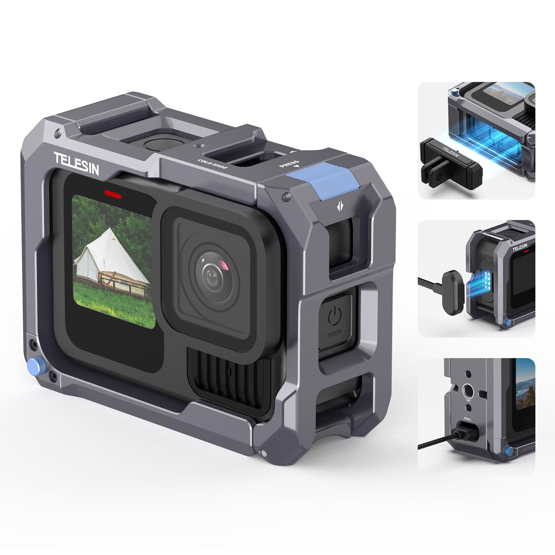 Aluminium Alloy Protective Frame Cage for GoPro Hero 13/12/11/10/9 with 1/4" Thread & Cold Shoe Mount, Quick Release Support - Black