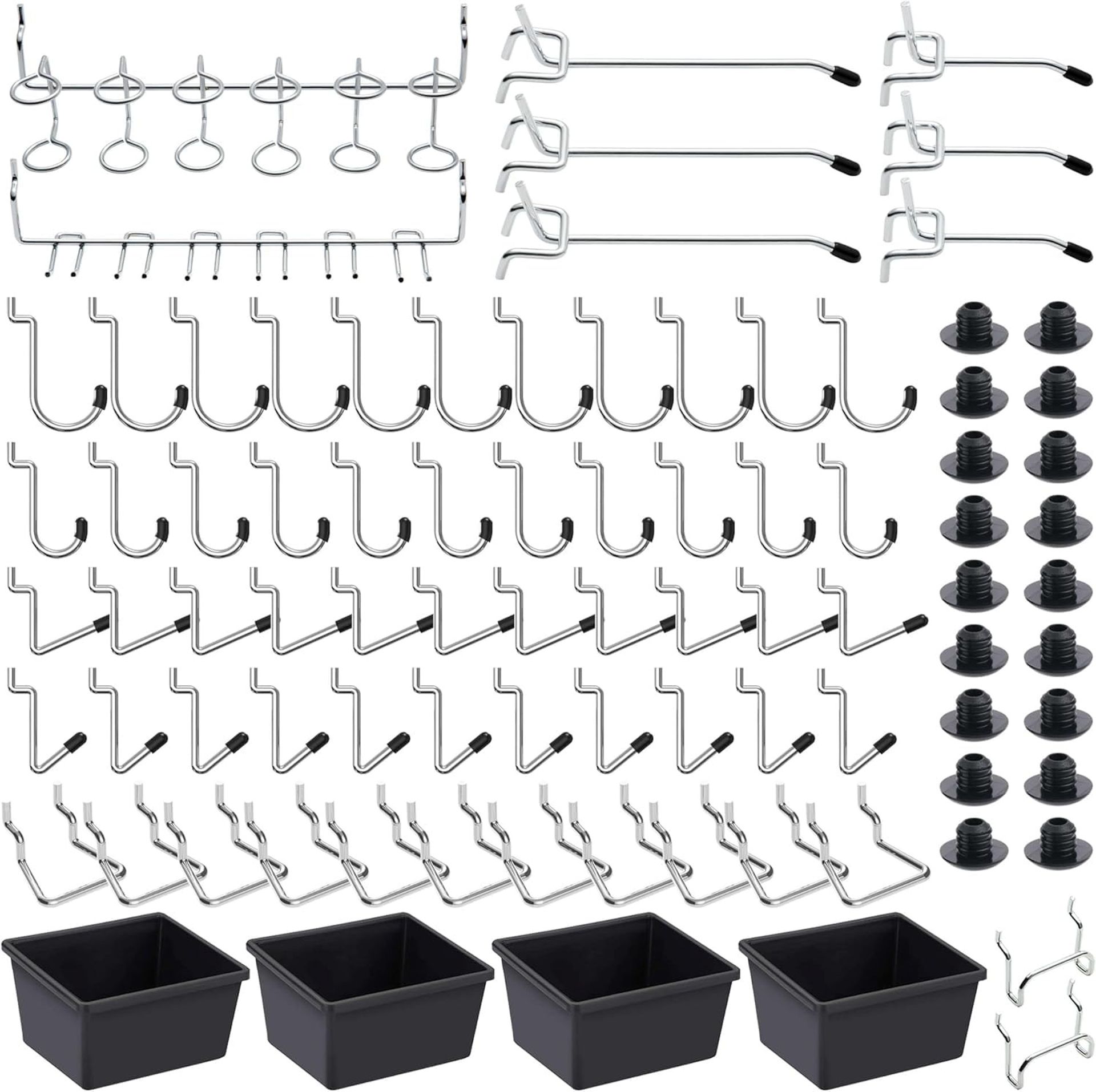 Pegboard Hooks Assortment 146pcs Tool Organiser Kit with Peg Locks, Racks and Bins - Silver 146