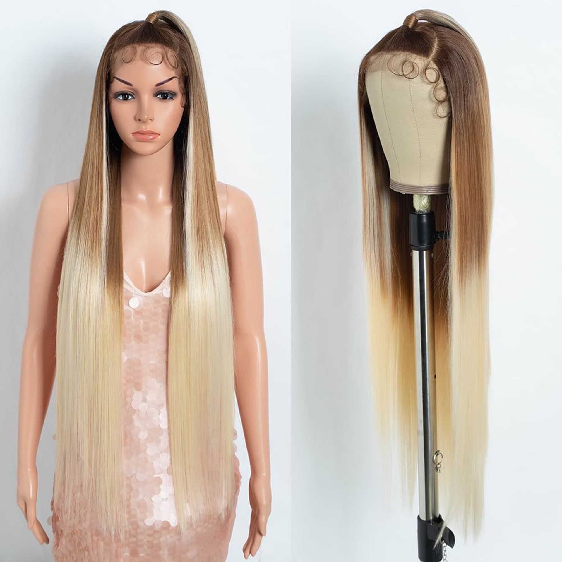 Super Long Straight 13x4 Lace Front Wig 38 Inch Synthetic Pre-Plucked with Baby Hair - Brown to Blonde Updo Style