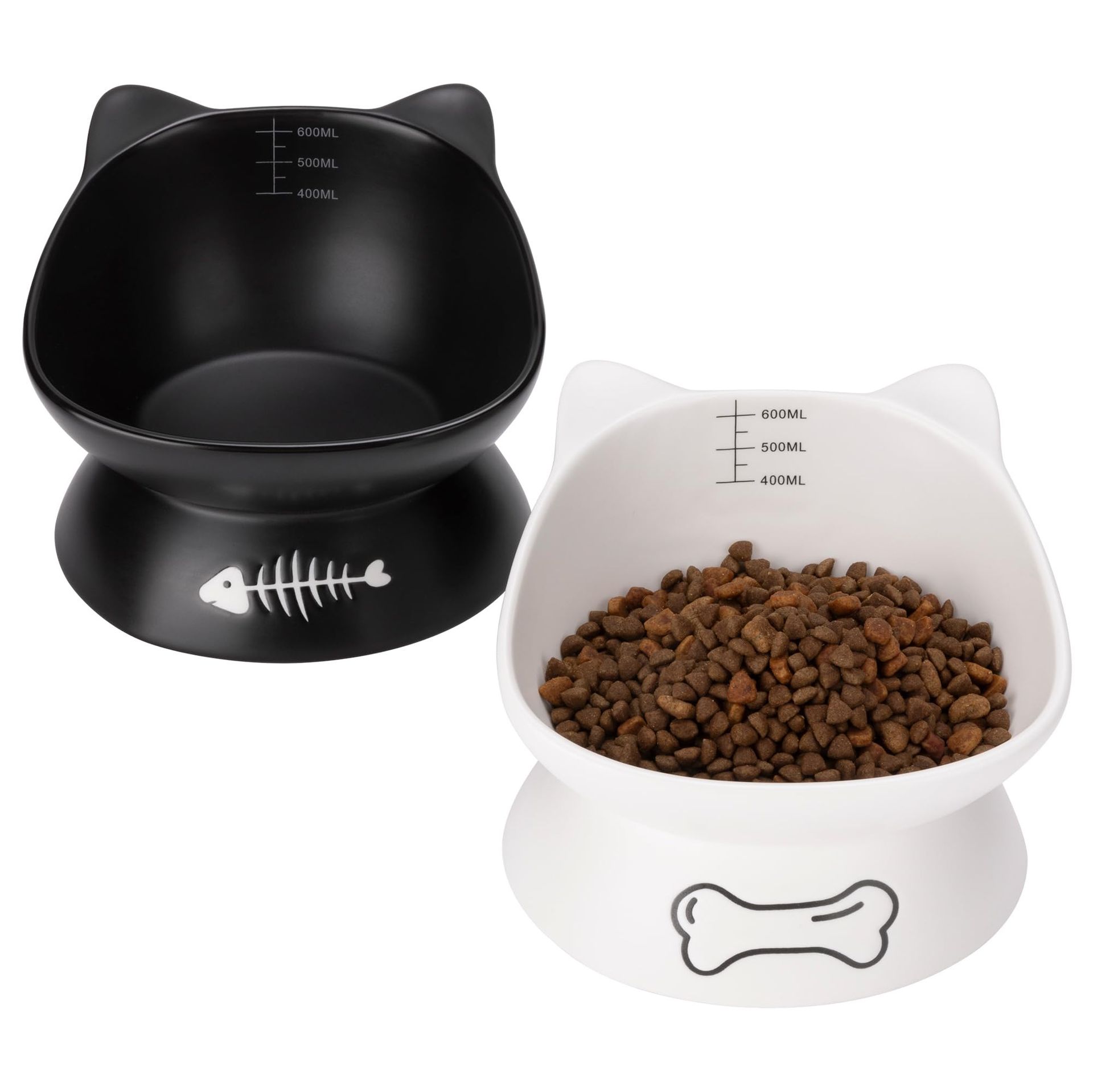 Cat Bowls Set of 2 Elevated Ceramic Feeding Dishes 400ml Volume Marks Dishwasher Safe - Black/White