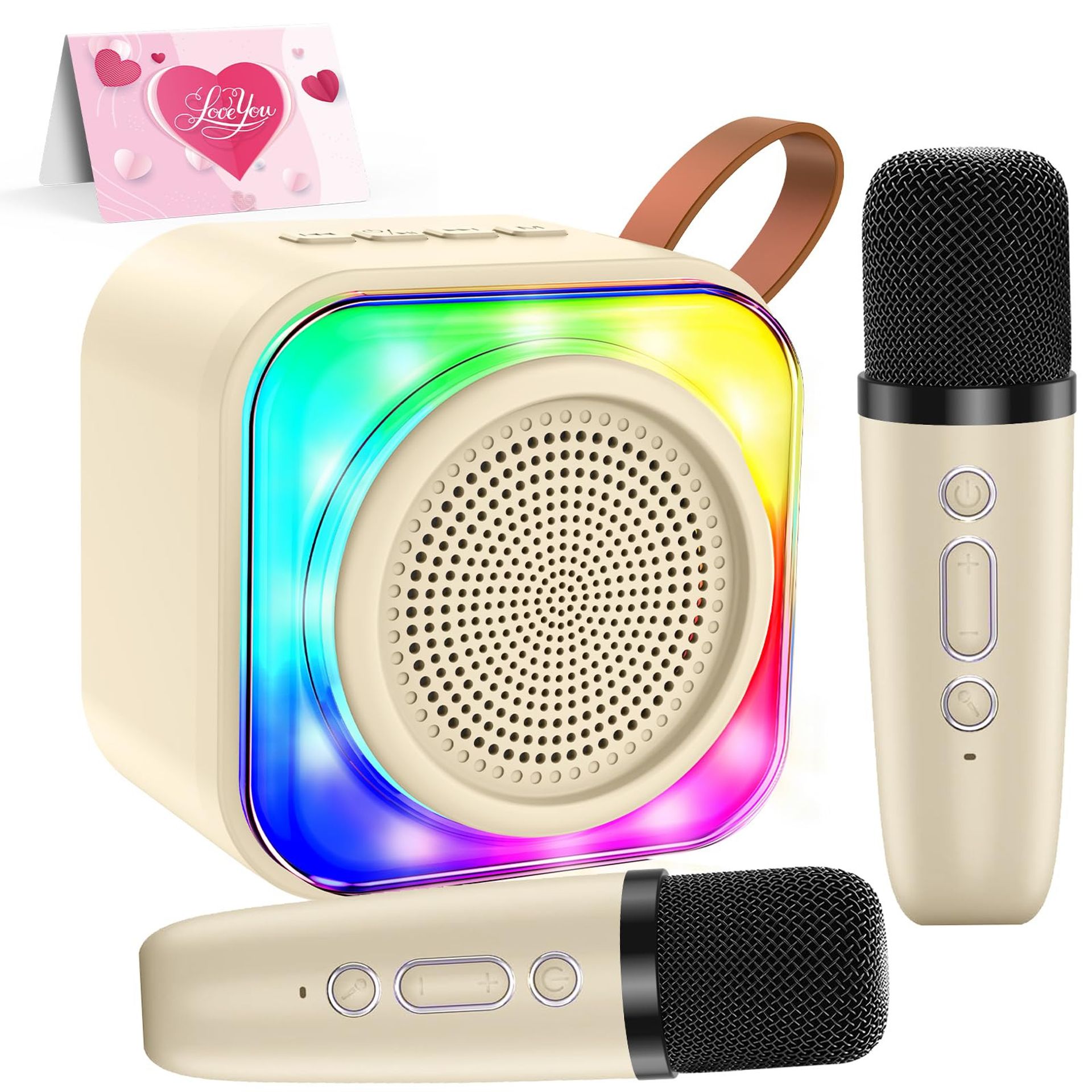Karaoke Machine Portable Bluetooth Speaker with 2 Wireless Microphones, Voice Effects & LED Lights - Cream 2 MIC