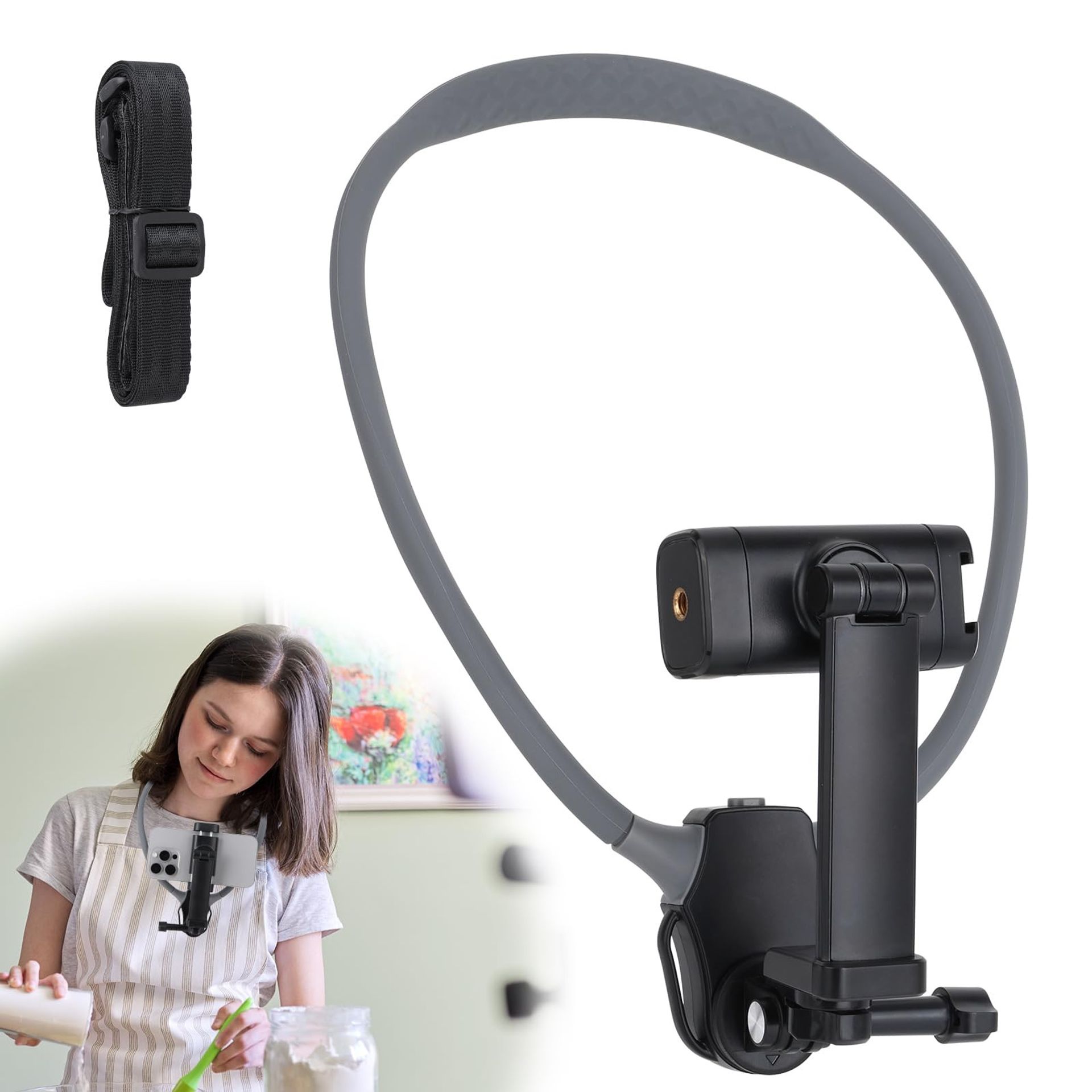 Neck Phone Holder Hands-Free Recording Mount Flexible POV Vlog Stand for Smartphones - Black Universal