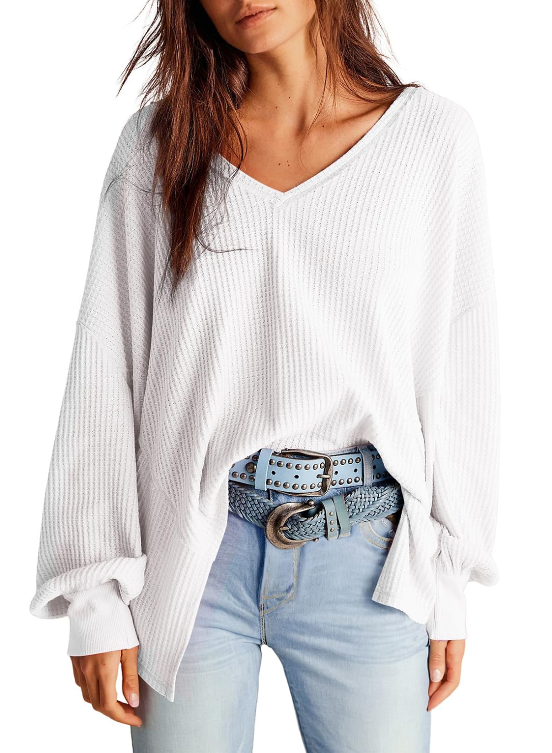 Women's Long Sleeve Waffle Knit V-Neck Oversized Casual Blouse Top - White M