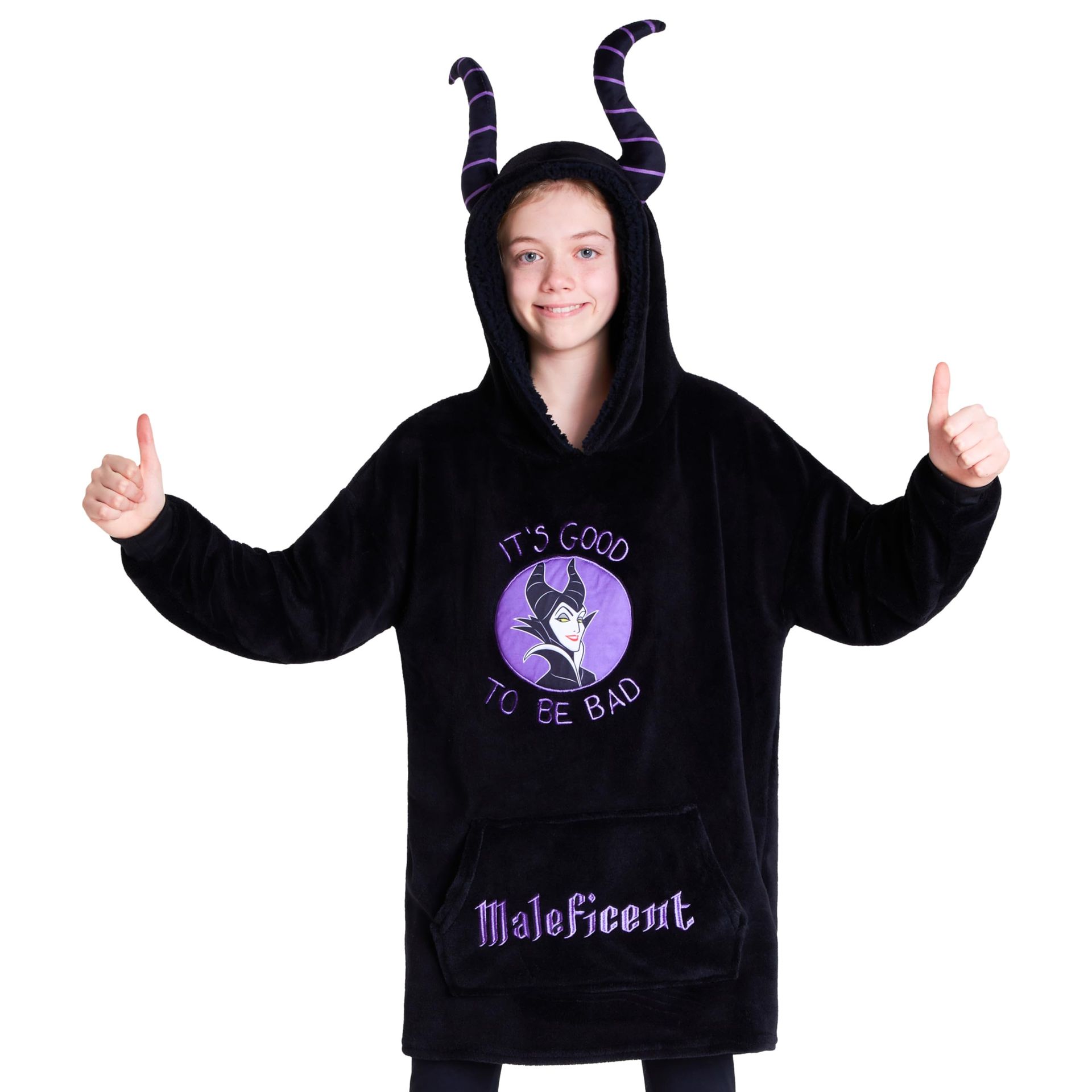 Children's Fleece Hoodie Blanket Warm Oversized Wearable Cushion with Maleficent Design - Black One Size