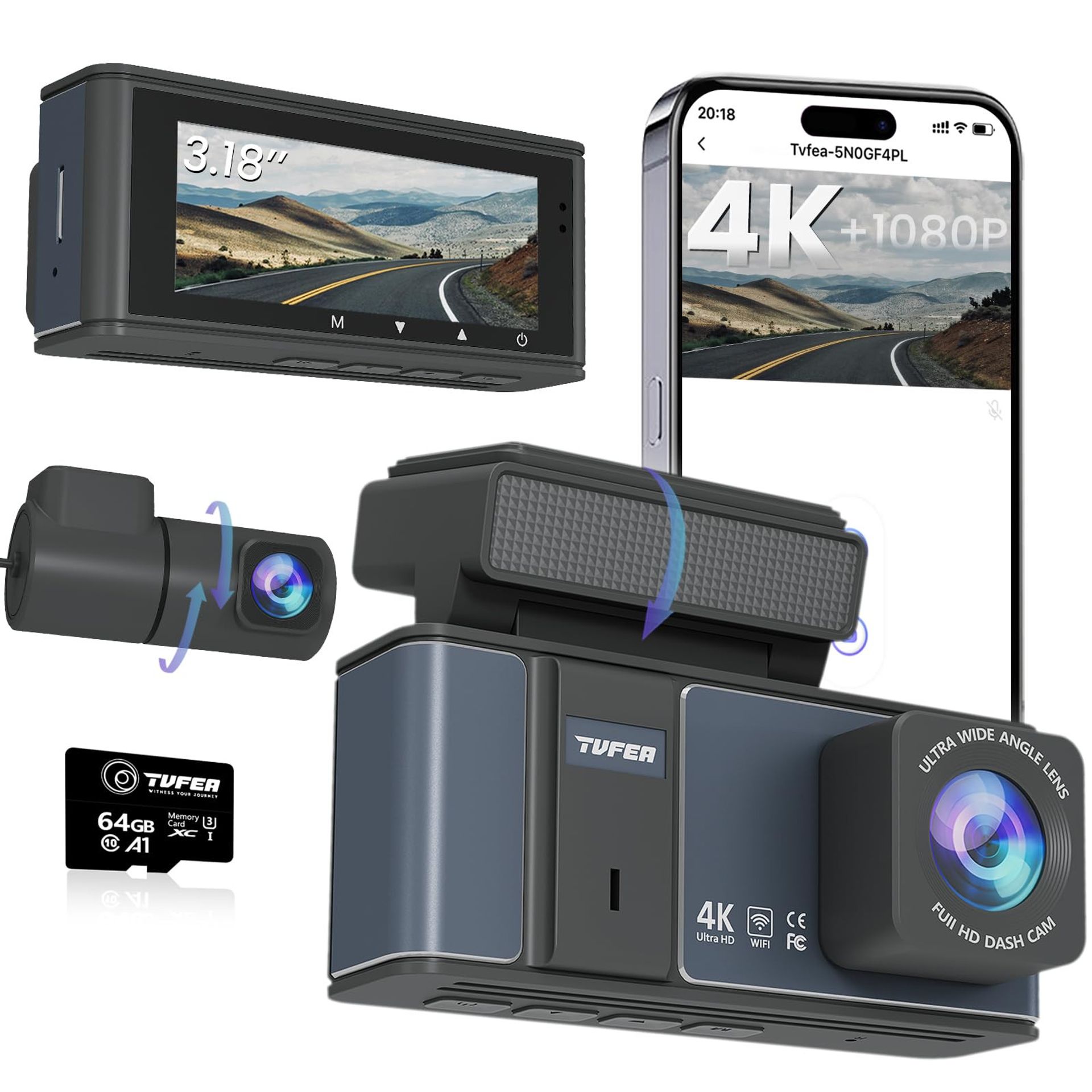 Dual Dash Cam 4K Front and Rear Car Camera with Wi-Fi App Control, Night Vision, WDR, 64GB SD Card, G-Sensor and Parking Mode - Black TvFea-C5S