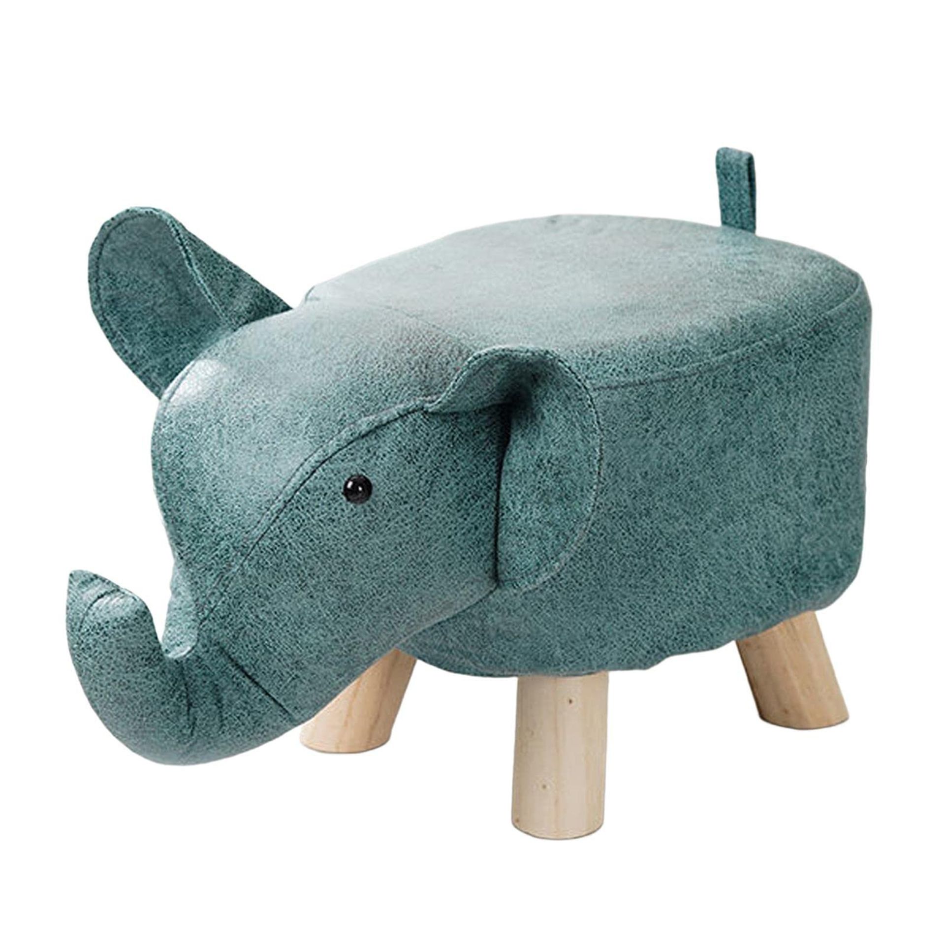 Animal Footstool Upholstered Kids Stool Elephant Design with Wooden Legs - Blue 50D x 26W x 27H cm