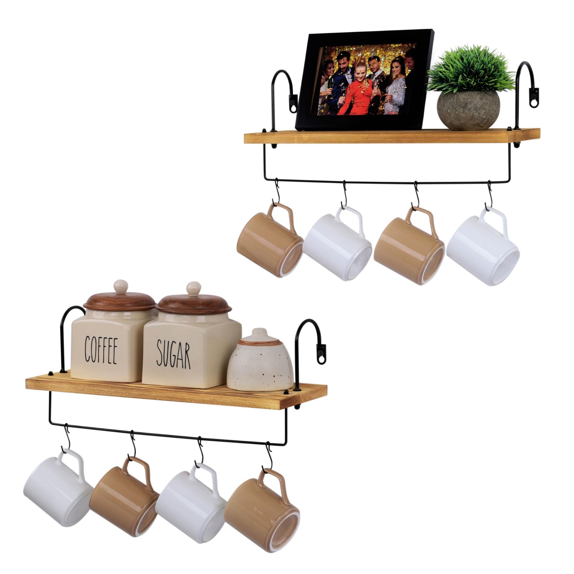 Wooden Kitchen Shelves Wall Mounted Set of 2 with Rail & Hooks for Coffee Bar & Storage - Natural Wood Onesize - Spring Refresh