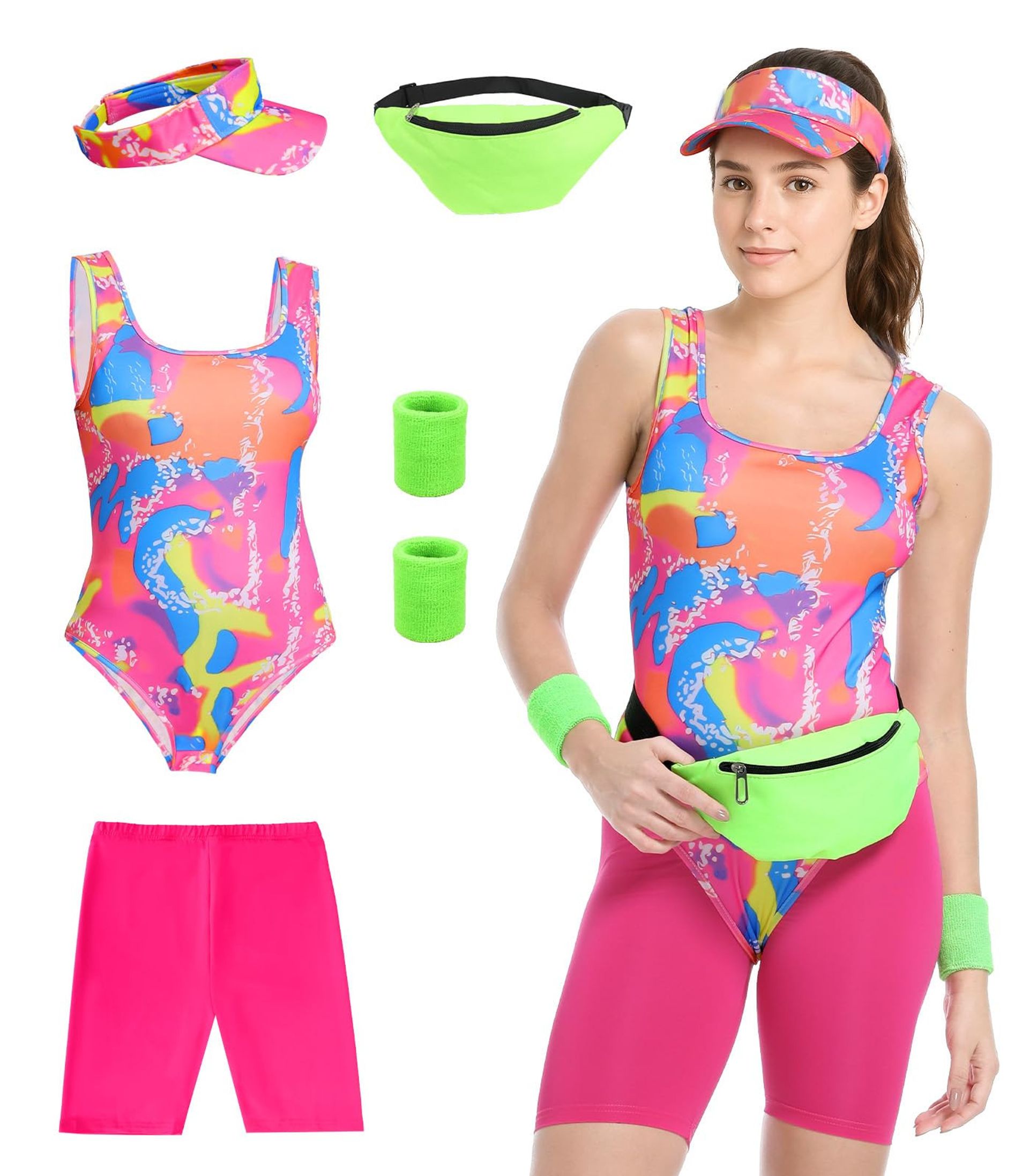 Women's 80s Retro Workout Costume Fancy Dress Set for Parties, Cosplay and Fitness - Pink Large